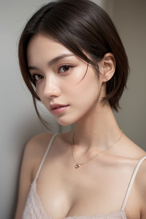 (masterpiece:1.2), Very detailed, Ultra-high resolution, (Realistic, photo Realistic:1.6), High-resolution RAW color photos, Professional photos, Sharp focus:1.2, (Very detailed顔と肌の質感, Very beautiful eyes, Glossのある肌, Glowing Skin, Glowing Skin, Shining Face, Gloss, Oily skin, greasy face, Oily skin, greasy face,), (real Glossのある肌 texture), Perfect Anatomy, Very detailed背景,(Luxury resort pool),1 female,short hair, Straight hair, bangs, Brown Hair,((Flat Chest:1.6)), (((Gorgeous and sexy luxury silk mini dress)))、 (((take off your clothes、Upper body naked:1.3))),((Wet))、To sexually seduce、Luxury earrings、Luxury Necklace、Smiling faintly