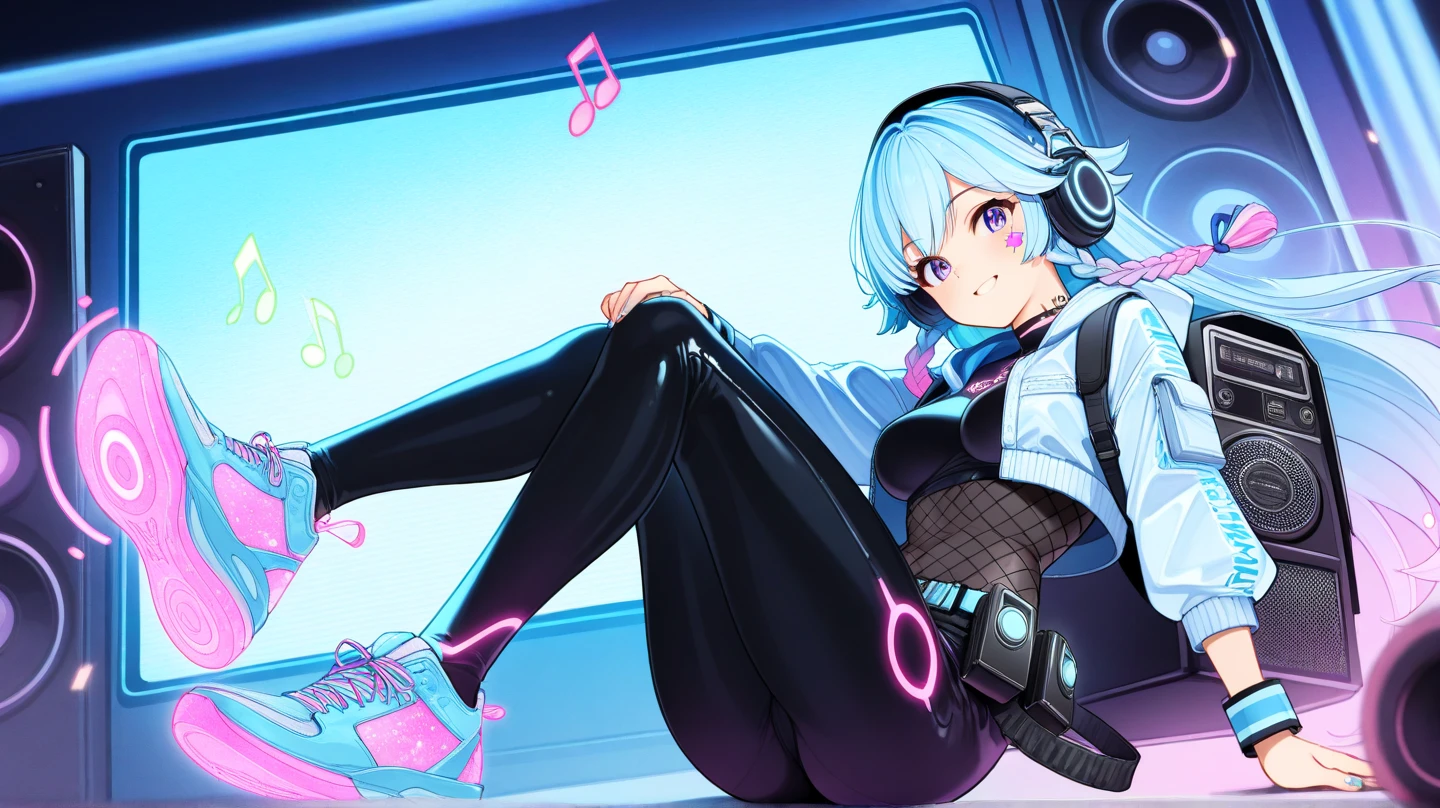((masterpiece,best quality))1girl, solo, black skirt, blue eyes,, headphones, long hair, , music, one side up, fuchsia hair, twin tails, pleated skirt, black shirt, indoors,(cute face,(:d) ),barefoot,knees together,