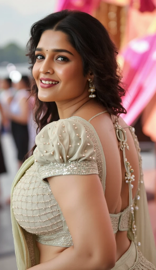 Portrait of A confident-looking 45 year old Indian milf with long flowing hair, hazel eyes, with flowing capes, d-cup breast, sitting in the park, wearing silk saree, milk drops in breast with focus on breast, full size photo perfect composition, hyperrealistic, super detailed, 8k, high quality, trending art, trending on artstation, sharp focus, studio photo, intricate details, highly detailed, art by greg rutkowski