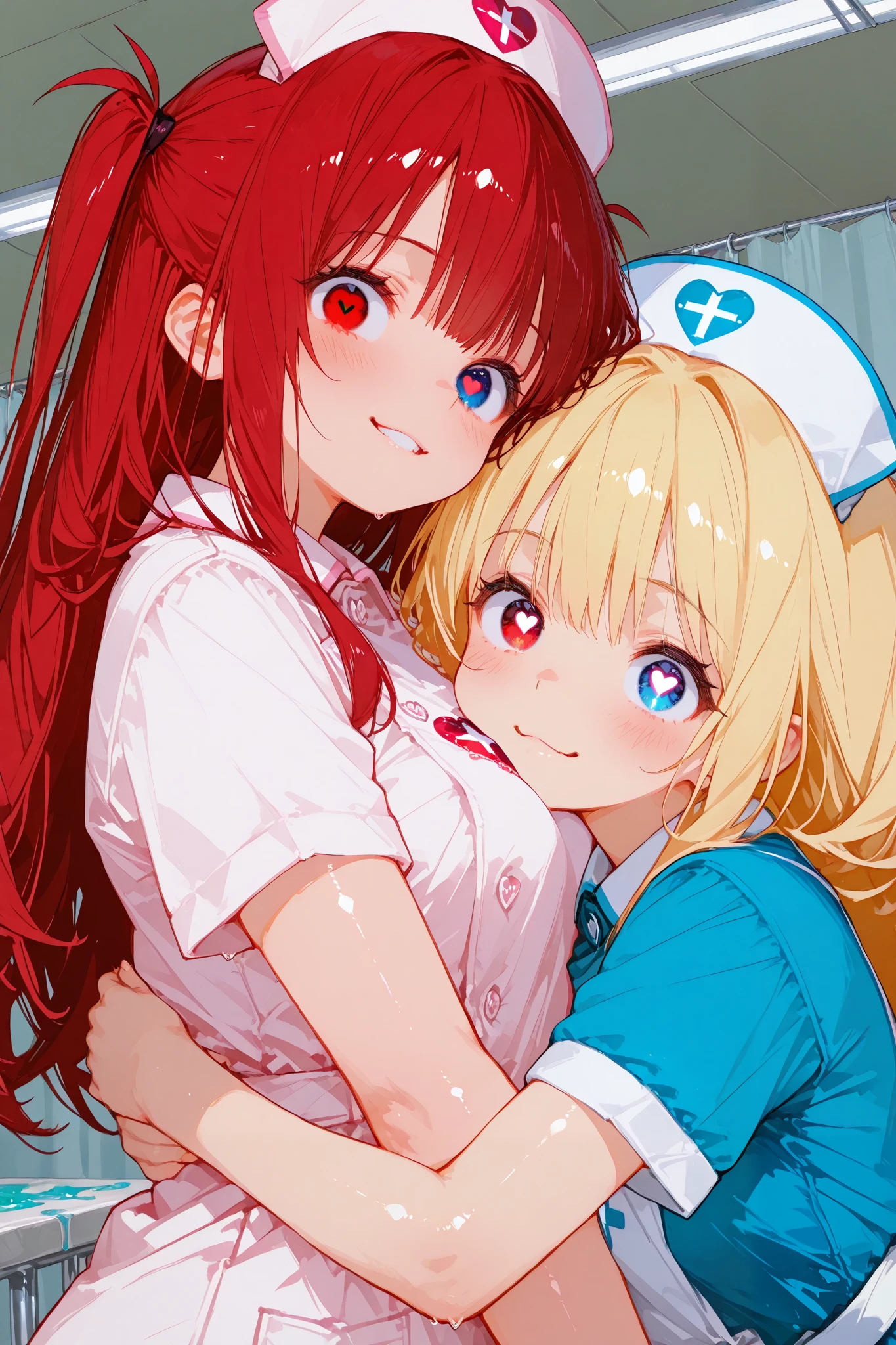 anime style illustration,perfect cute 2girls, oily skin,nurse uniform,nurse cap, crazy eyes, mismatched pupils,hug,many cute heart symbol,UHD, masterpiece, anatomically correct, super detail, high details, best quality, 8k