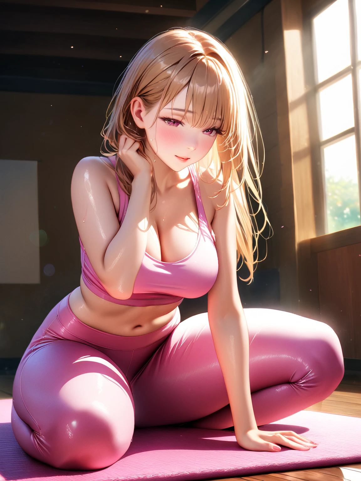 (masterpiece:1.2, best quality:1.1, highres,absurdres, high quality),(photorealistic:1.1),reflected light, colorful,ultra-detailed,8k, ultra hd, super detailed,
yuigahamama, hair bun, mature female, brown eyes, orange hair, short hair, single hair bun, hair between eyes, huge breasts,yoga pants,yoga mat, gym,evil smile, full-face blush, thick thighs, cameltoe, ass,lying on yoga mat, (spread legs, legs up),(on back),from above, arms up, sports bra,
<lora:ã¬ããã Yuigahama mother (My Youth Romantic Comedy Is Wrong As I Expected.):0.6> <lora:Ass-CameltoeV1.2:0.4>