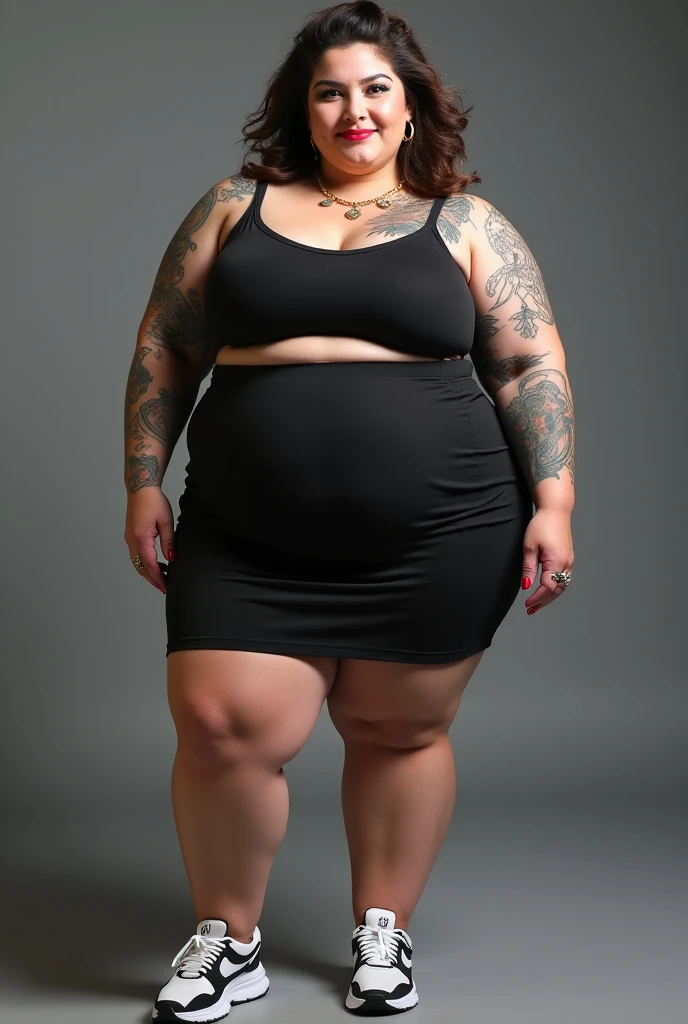 Generate a woman who is 40 years old, overweight, and has a double chin,with dark red hair,with marked and pointy black eyebrows, with dark brown eyes with a lot of black eyeliner and large in the eyes, with a big mouth and outlined in dark brown, with a high, short ponytail on her head and with damaged and dry hair, wearing a short blue robe that is very tight on her body, with tight leggings and black boots, and she has an angry or mean face, with many earrings in her ears and a nose piercing