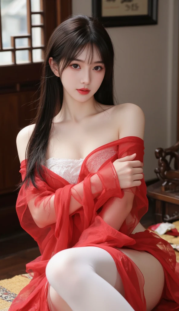black color hair,(long hair),Black eyes, (glowing eyes),(white thighhighs:1.2),Orgasmic face,seductiv,Taste,Facial fascination,A black face,Charming,Be red in the face,shy,astonishment,Panic,is shy,Shame,disgust,Abandon,(medium boob),Played badly,Be tuned,make eyes at someone,Ahhh,relaxing,yeero,Open-mouthed,drools,Sexual spasms,The skin is white and red,Ruddy face,perspiring,Get wet with water,Color gas,One guy,Wearing a tulle nightdress on the floor,duck sitting,Desire for dissatisfaction,desolation,caress,sexual pleasure,Endure the pleasure,erk off,A charming expression,(Wearing a tulle nightdress depicted in detail on the floor),(Duck sitting detail portrayed front),Detail portrayal,Half-body diagram(Masterpiece), (Close Up), (Best Quality), Extremely detailed, (Close Up) Exquisite, Beautiful, (Close Up), (A Beautiful Girl), (Collar, Collar), (Detailed Pink Areolae Nail:, (delicate depiction of skin), (voluminous skin: 1.4), top-notch CG quality 8k wallpaper, realistic, master level, masterpiece, portrait, center, viewing lens, beautiful Chinese and Korean mixed blood idols, (ultra fine description of facial and facial details), (blushing face), lip biting makeup, sweet smile, perfect facial features, red eyes, blind bands+hair over one eye, (Ruby nail). fat_ Mons, cameltoe,