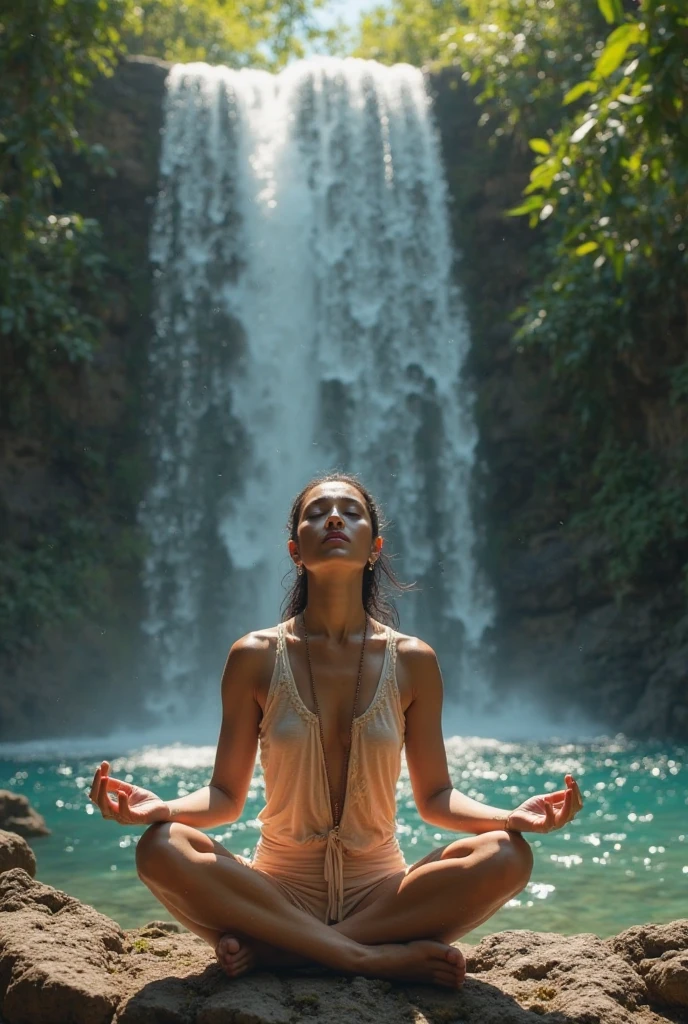 A lovely scantily clad woman prays for fertility at a jungle waterfall. A translucent goddess floats above the water and listens to her prayer. Moonlit confession