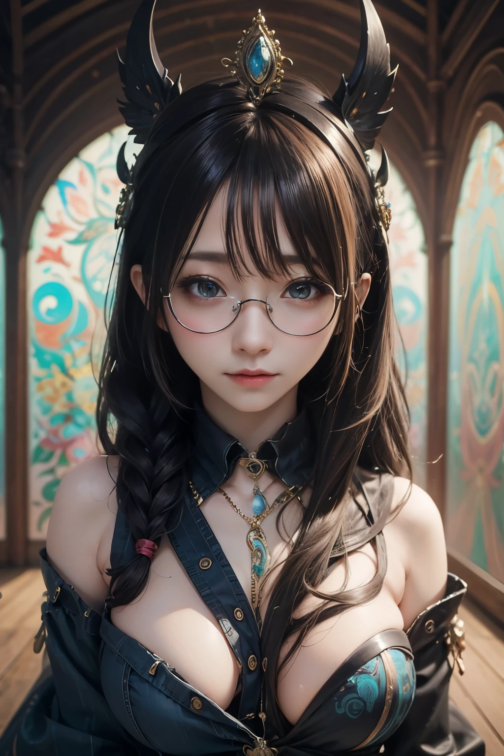 Are you okayですかですか、(best illustrations)、8k UHD resolution、intricate details、highest quality、realistic、Super detailed、best lighting、best shadows、soft lighting、Ultra HD、超realistic、Tyndall effect、Photoreal、(high detail skin:1.2)、 (intricate details, compensate, face to face with the children_v1:0.5), (Are you okay, beautiful and delicate face, Are you okayですか, beautiful and delicate eyes, perfectly proportioned face, high resolution skins, fine skin, Optimal ratio of 4 fingers and 1 thumb, arm under chest, red tattoo on lower abdomen、wow wow, wide hips, smooth abdomen, thin and thin skin, __fashion__, __hair__:1.25)、Digital single-lens reflex camera、 absurd、(table top: 1.3), (maximum resolution: 1.2), (Ultra HDTV: 1.2), cinematic light, fine eyes and skin, detailed facial features, , (sharp focus: 1.2）, (focus on face:1.2),perfect style, beautiful face, acura, anatomically correct, Highly detailed face and skin texture, fine eyes, double eyelid, thin eyebrows, glitter eyeliner: 1 natural cheeks, Glossy skin, Fair skin: 1.2, (glossy lips: 1.4),(embarrassed look: 1.2),Highly detailed face and skin texture, fine eyes, double eyelid, natural cheeks,  glossy lips: 1.4,exposed cleavage、Bewitching。Charm、 Beautiful devil woman from hell, Surreal female portraits by David Hockney and Alphonse Mucha, Charm女性の肖像画、fantasy art, chinese doll、Chinese actress、dungeon、dragon、devil&#39;Palace of、devil&#39;torture chamber、night、dark style 、in the dark、(detailed spooky background:0.8), magic、 1 girl、evil nun、dark necromancer、Succubus、devil&#39;Daughter of、Shinonome Umi、bat wings，(((devil&#39;horn)))、 ((((giant glasses, otaku glasses, thick glasses, round glasses)))),(((big breasts)))、(devil&#39;tail of)、(red eyesは光り輝いて:1.6)、red eyesは非常に鮮明で詳細です, Your eyes are made up so beautifully, ((red eyes:1.0)),intricate tattoo, demonic intricate tattoo, Tattoo on the thigh, body tattoo, masterpiece、最もbeautiful face、baby face、cute smile、beautiful plump red lips、筋肉のCharm体、devilのCharm体、devil style、Charmブラックマジックコスチューム、The long-haired、Braid、Black hair、Ponytail distortion、, Ponytail with a bow tied at the back of the hair, beautiful expression、body up、big breasts強調、bust,  super tight chest, Breast augmentation surgery, The chest is very large and round,tight waist、wide ass、 private key, cowboy lens, (Black Phoenix Dress: 1.0),  devil crown,  red sparkling gemstone necklace、Jewelry G Wise,  Please wear black mesh socks,Wearing light red、nffsw, nffsw, meet beautiful girls, looking at girl&#39;body of,