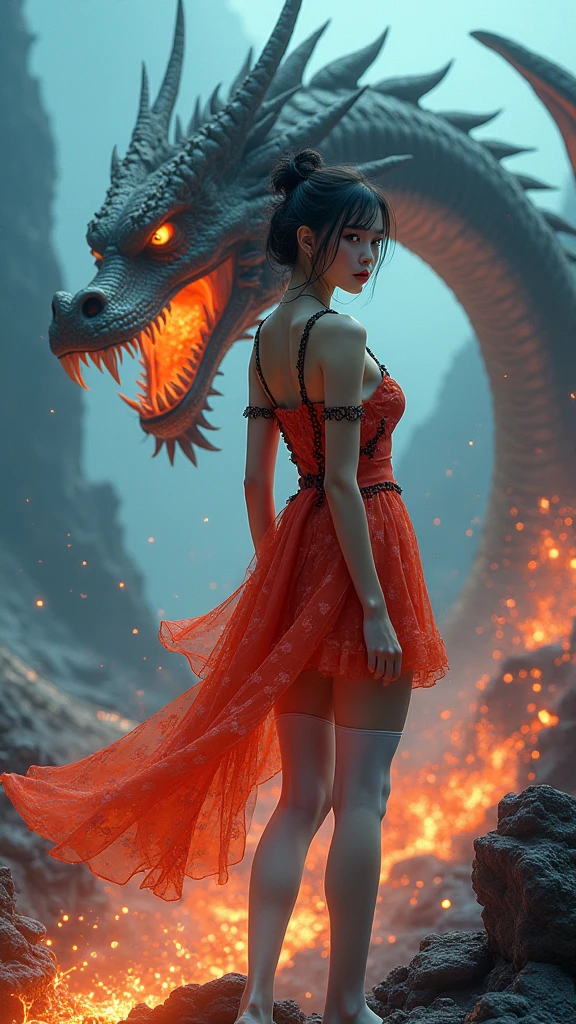 (masterpiece, best quality), 1girl,  Salmon Short Shag Cut, Sizes I to L breasts,   <lora:girllikepetdragon:1> pet dragon, esting on girl's head, breathing fire, black collar, red complex pattern cut-out warrior costume, sleeves