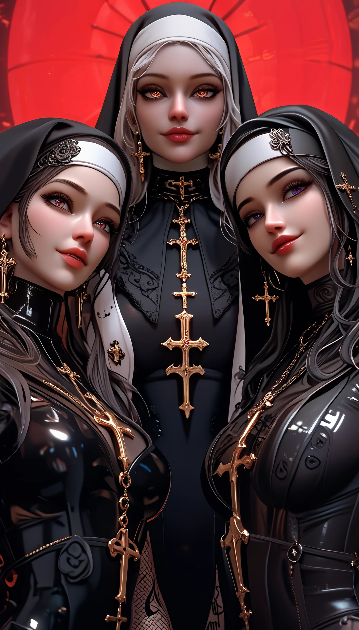 Dynamic shot, ((3 females)), A picture of 2 beautiful succubus dominating 1 sexy nun on a leash, ((2 demon females and a nun)), female domination, exposed, nun, demons, beautiful succubuses, horror, dark, sexy, rough domination, domination, nun on a leash, bdsm, golden chains,(golden leash), collar, beautiful bodies, slim, horror style, highly detailed faces, stockings, (silk lingerie, stockings), leather tight boots, sharp camera angle , closeup, blue background 
