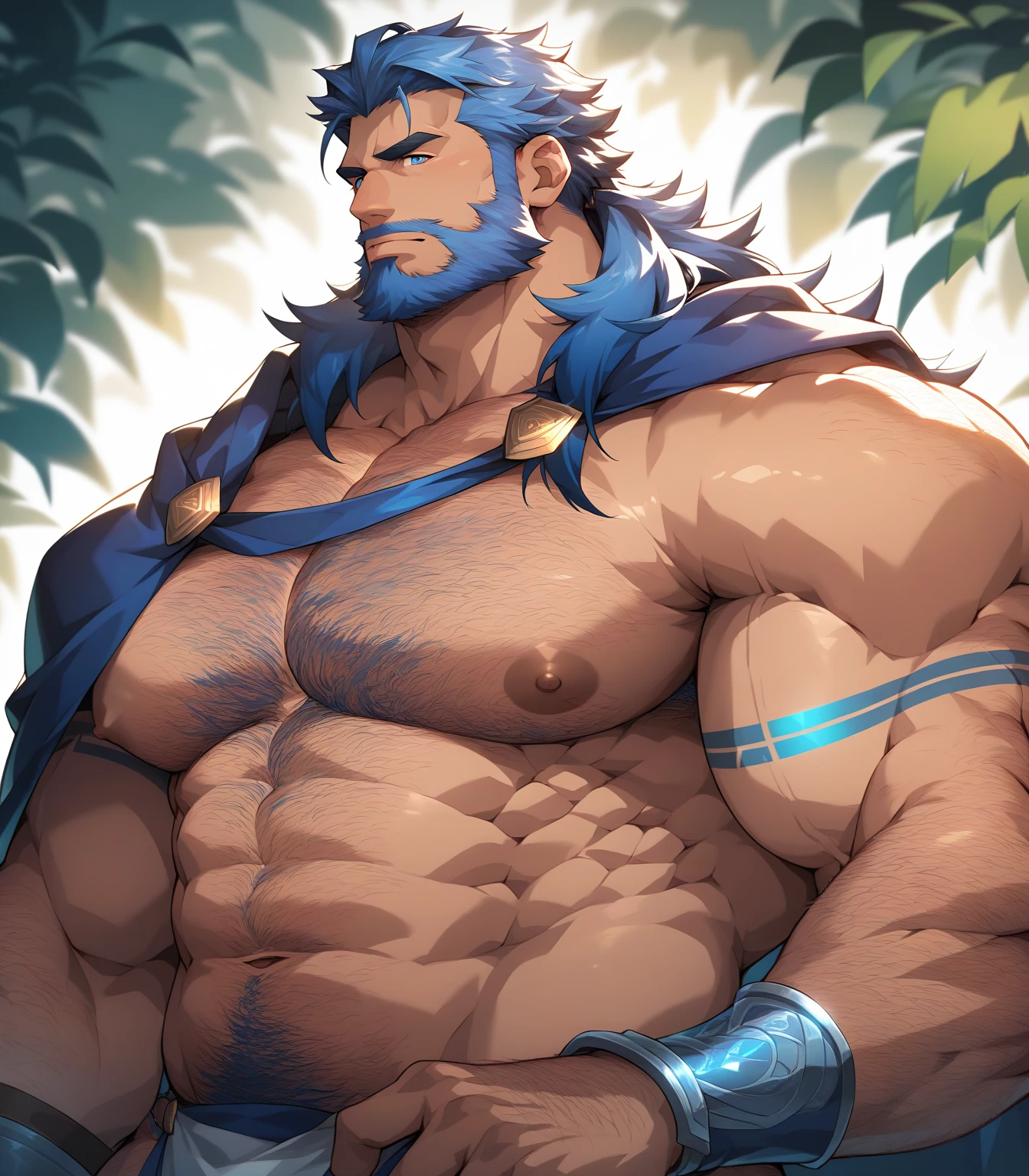 Solo, Male, General Buffalo,Titanium helmet,cheeky face, Wide face, Broad shoulders, Muscular,The general's belly, buff, Strong, Tall, There are many long scars on the upper body, Huge amounts of pubic, immensity, Gigantic, large biceps, Huge pectoral muscles,Gray-blue hair, blue color eyes, long loincloth with,detailed crotch, massive bulge,looking at the screen
