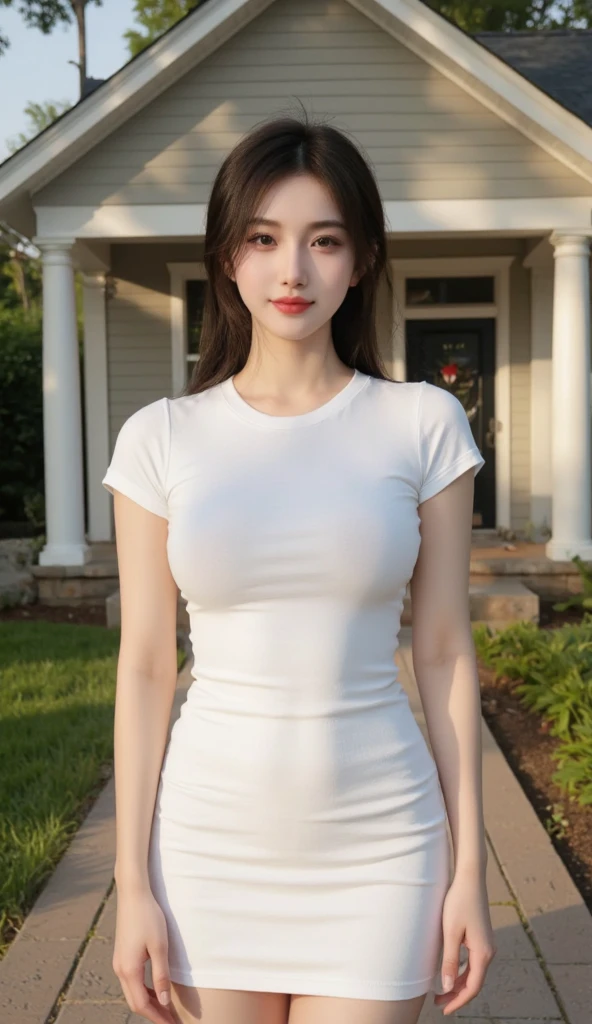 masterpiece、Top image quality:1.2、((beautiful young woman with))、Transparent skin:1.2、{A slight smil}、(kawaii)、Short sleeve knit、luxury hotel、depth of fields