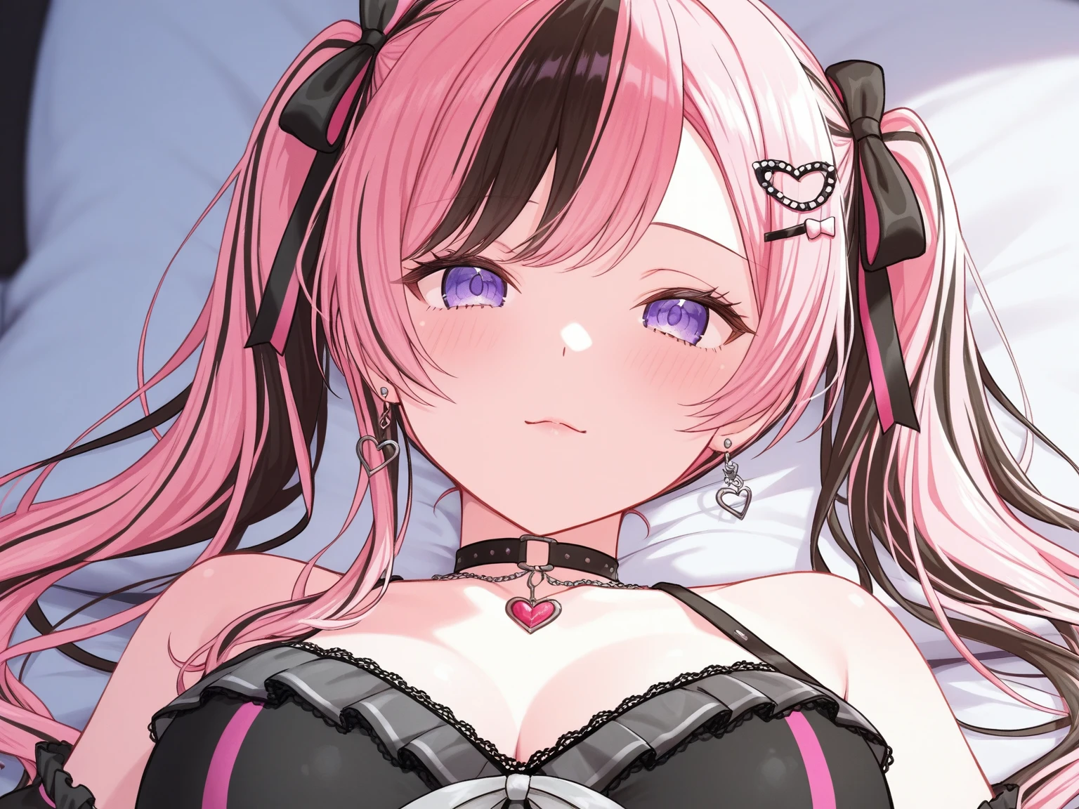 Girl with pink hair, long double-tailed hairstyle, ((small pink bushy eyebrows)), wearing lolita clothing, shorts, marked vagina, lolicon (Zankuro) drawing style by zankuro artist, Zancro style, image uploaded to R34, flirty smile, take a selfie, close-up, ((showing a breast outside the shirt)), (squeezing a breast with her hand) face very close to the camera, moan and drool) happy face cheeky smile