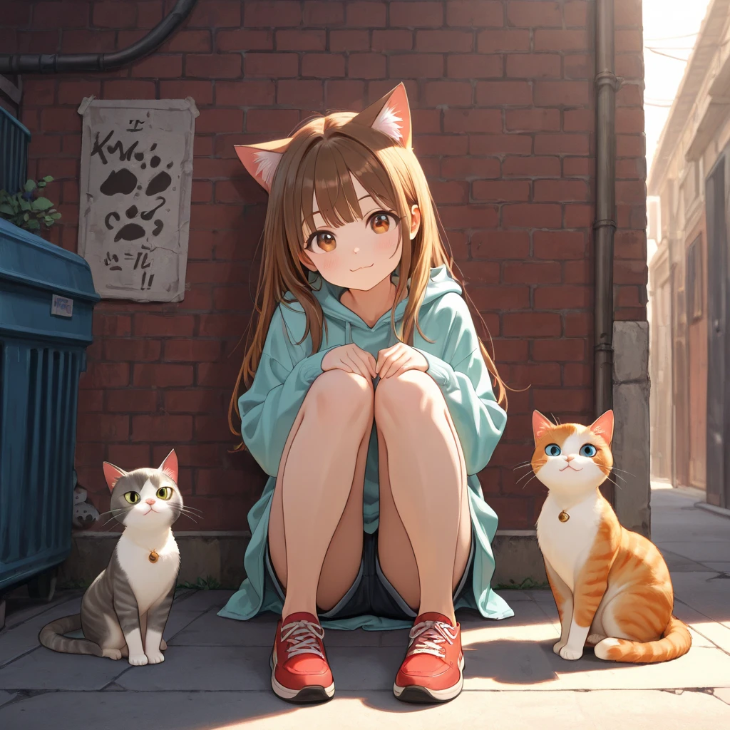 best quality, high resolution, distinct image, (many (detailed) little cats) and one girl:1.3), focus on cat, little (detailed) cats around girl,background is back alley, detasiled sunlight, sitting, girl looking viewer, front view, (cats looking viewer:1.2), sitting on the floor grasping knees, (happy:1.3) , (kitten)