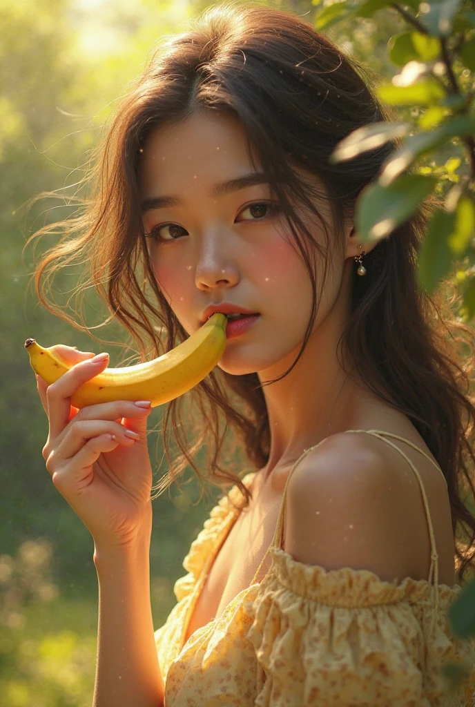 A woman holds a banana in her hand., With a new beauty, young and cute girl, Asian girl, 19 year old girl, professional lighting, Sony A7R4, 50 mm sitting lens. ,Beautifully detailed eyes,