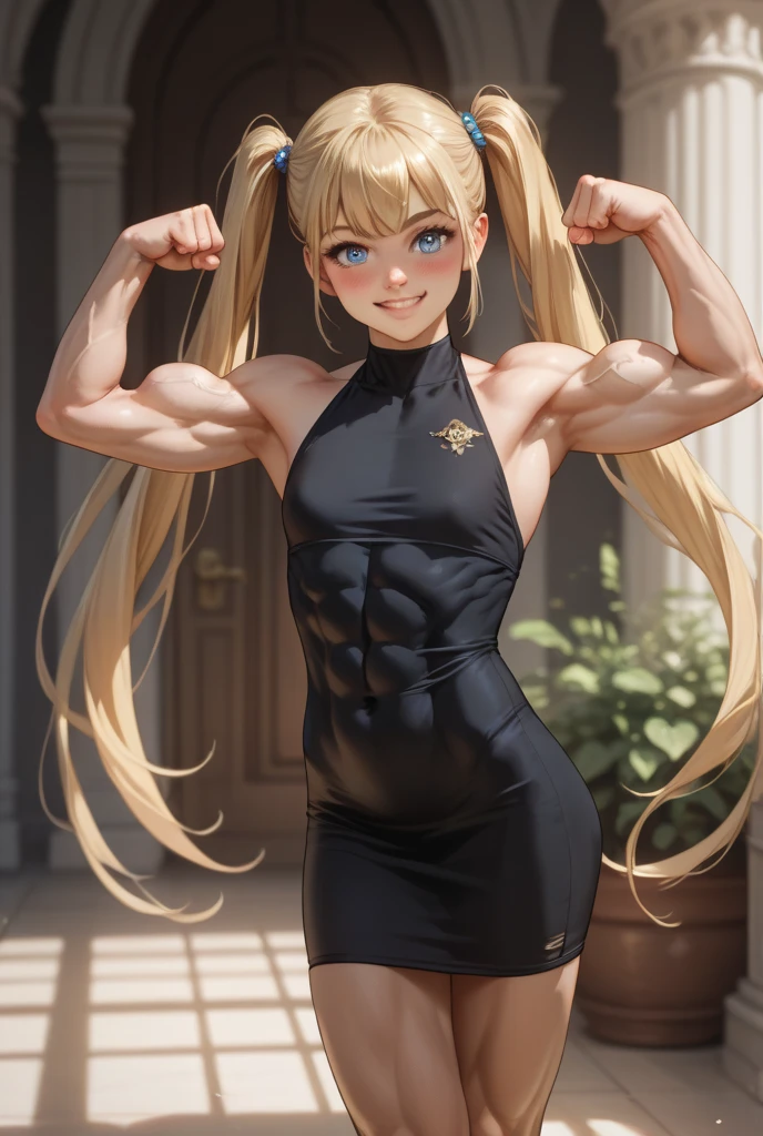 (Muscular:2.4), (thick thighs:2.3),
(marie rose, blue eyes, blonde hair, blunt bangs, long twintails:1.5), beauty mark, freckles,
(earrings, eyeshadow, lipstick:1.3),
detailed eyes, (big smile:1.8), detailed skin,
(flat chest:2), hard nipples,
(choker, black bows:1.5), (black dress:2.3),
(upper body view), (looking at viewer), (three quarter view:1.4), (standing),
(dark bedroom), rim lighting, two tone lighting, dimly lit