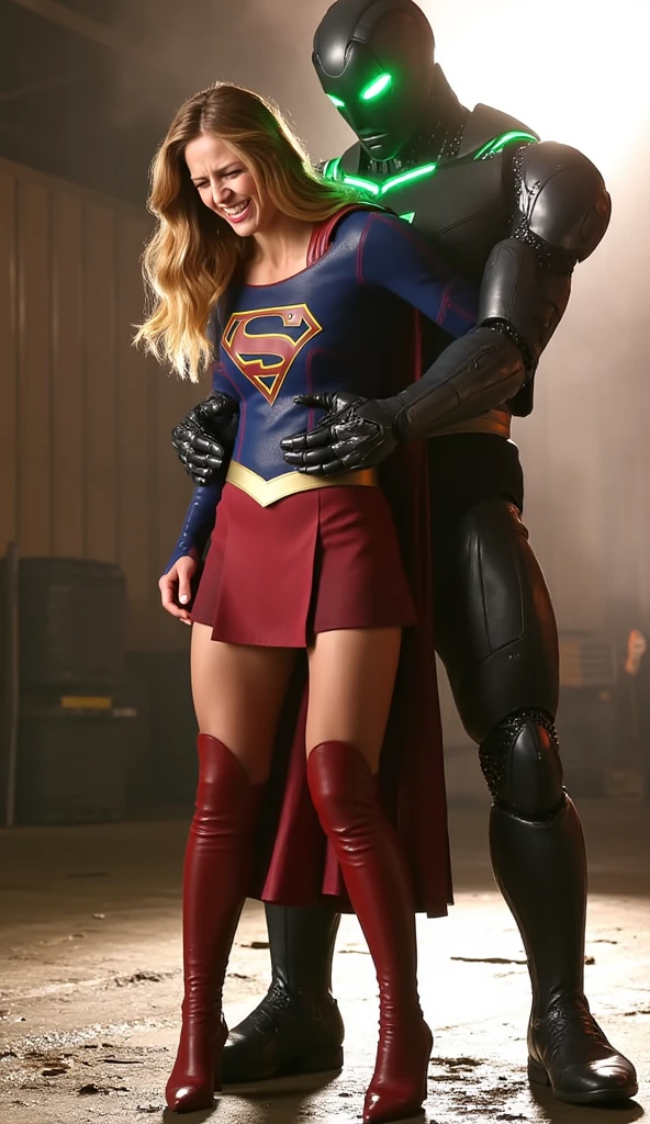 Supergirl, exposed breasts, sitting spread eagle. Batman standing behind her his pubic area exposed. Supergirl is stroking his erection.