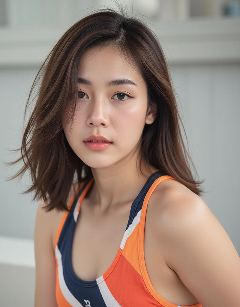 ((Best quality, 8k, Masterpiece :1.3)), 1girl, Pretty woman with emphasizing slender abs :1.3, (random hairstyles :1.2), Oversized tank top :1.2, Ultra-detailed face, Detailed eyes, Double eyelid, armpit