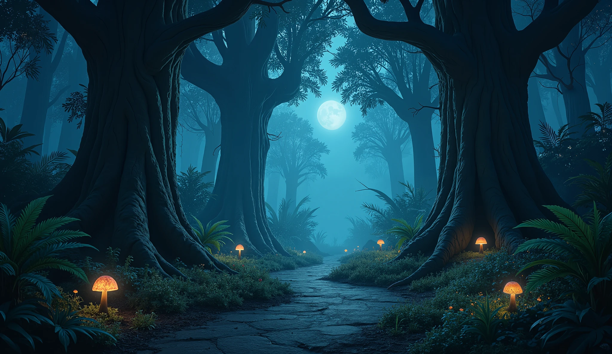 STYLE: Semi-realistic with cartoon elements, similar to stylized 3D animation. Textures should be detailed but shapes slightly exaggerated. NO HUMAN OR ANTHROPOMORPHIC CHARACTERS in this image.
TIME: Night has fallen in the forest depths. Darkness dominates with only minimal ambient light filtering through.
LIGHTING: Very low visibility with deep shadows. Moonlight struggles to penetrate the dense canopy, creating small patches of blue-tinted light on the forest floor. The scene is predominantly dark with strategic highlights to create depth and mystery.
SCENE: The interior of a dense prehistoric forest. Massive ancient tree trunks rise like columns, their bases covered in luminescent fungi that provide subtle, eerie blue-green glow. Giant ferns and prehistoric plants create a maze-like undergrowth.
CHARACTER PLACEMENT: A clear, narrow natural pathway winds through the center of the composition. IMPORTANT: Leave two distinct empty spaces along this path:
1. First character position: A flat area in the left foreground of the path, approximately 1/3 from the left edge of the image
2. Second character position: A slightly elevated area (perhaps on a root or small rock) in the right middle-ground of the path, approximately 2/3 from the left edge
These spaces should be noticeably empty and well-lit compared to surroundings, making it obvious they're meant for character placement. DO NOT include any characters.
Twisted vines hang from above, and the forest floor is covered with fallen leaves, moss, and small primitive flowers. Mist hovers close to the ground, adding to the mysterious atmosphere. The dense vegetation creates natural walls on either side of the path.
Small details include glowing insects, colorful mushrooms, and a small stream reflecting what little light there is. NO modern elements, structures, technology, dinosaurs or other large creatures should appear anywhere in the scene.