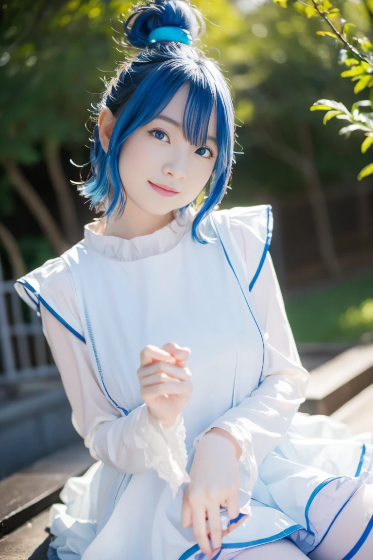 Arabic style image of a woman in a blue dress and white shirt, Anime Girl Cosplay, Anime Cosplay, Real life anime girls, Rei Ayanami, rei hiroe, Woman with short blue hair, rogue anime girl ayanami rei, Inspired by anime, Young Anime Girl, ayanami, , realistic Young Anime Girl, Pretty girl with blue hair