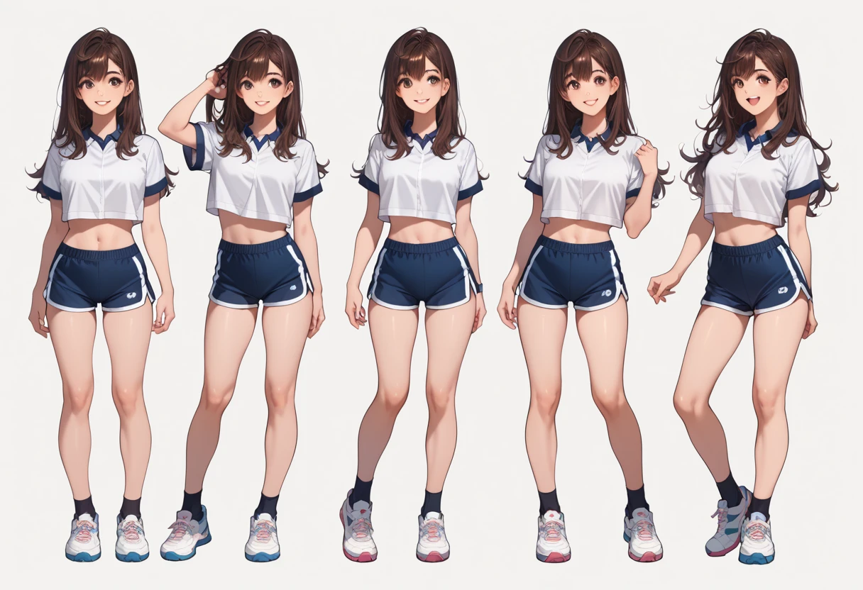 ((full body)),(masterpiece, best quality), (2 girls1.5) ,((Contrapposto:1.5)), looking at viewer, walking,((v_arms:1.2)), (wearing gym_uniform:1.3),, BREAK masterpiece black hair, ((long hair:1.2)), ((parted bangs:1.3)), black eyes, good hand, ((small breasts)), (over 20 years old, under 25 years old:1.2), , spotlight, happy, smile, BREAK white background