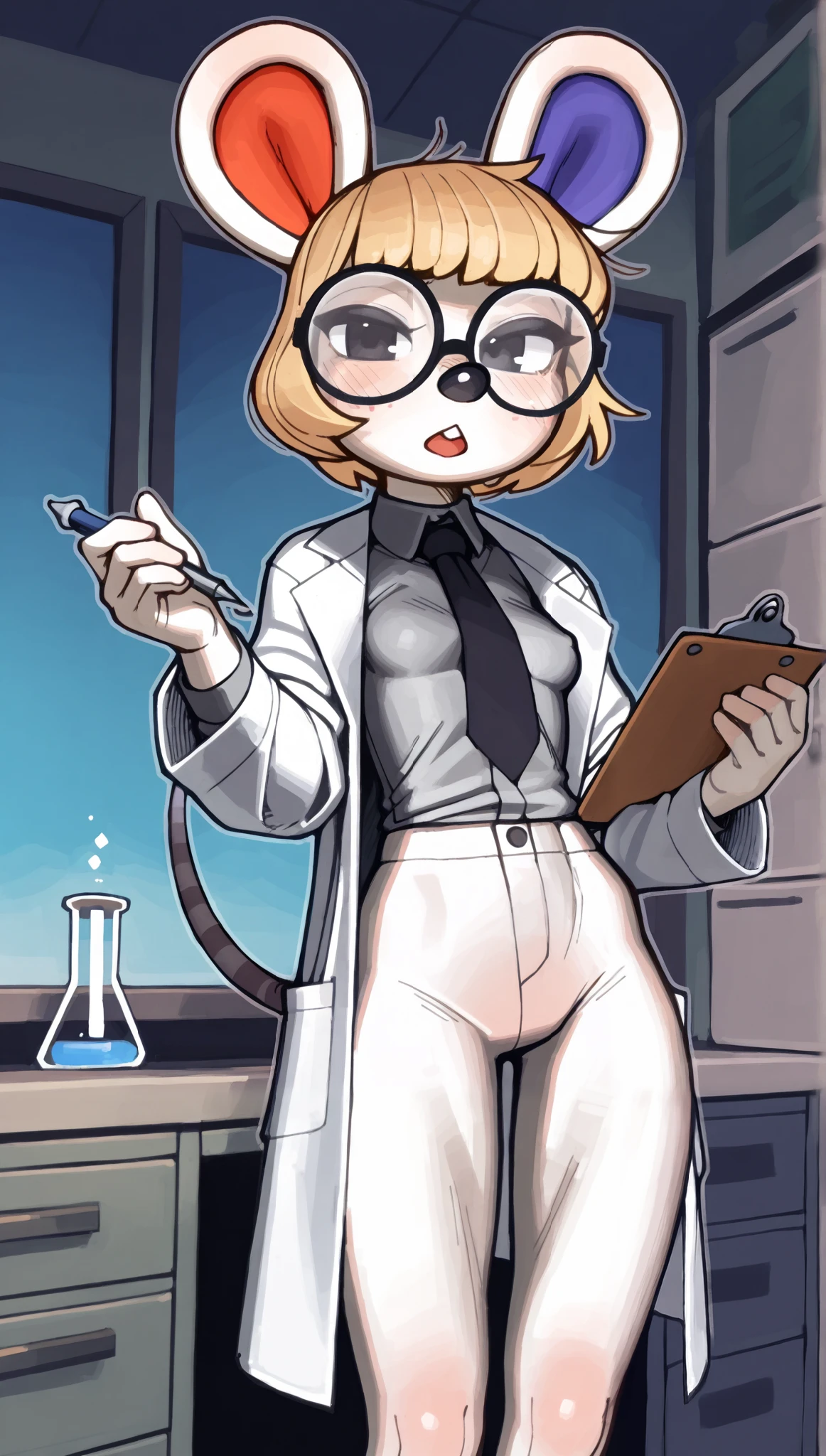 ((perti)), ((Animal Crossing)), ((pixelsketcher)), ((wamudraws)), ((masterpiece)), ((high resolution)), ((solo portrait)), {(attractive figure), (skinny body), (small breasts), (beautiful legs), (white fur), (large black nose), (large mouse ears), (right red inner ear), (left blue inner ear), (long mouse tail), (short blonde hair), (cute black eyes), (cute buck teeth)}, {(lab coat), (grey button-up shirt), (black necktie), (white pants), (round glasses), (foggy glasses)}, {(standing), (holding clipboard and pen), (looking at viewer)}, ((laboratory))