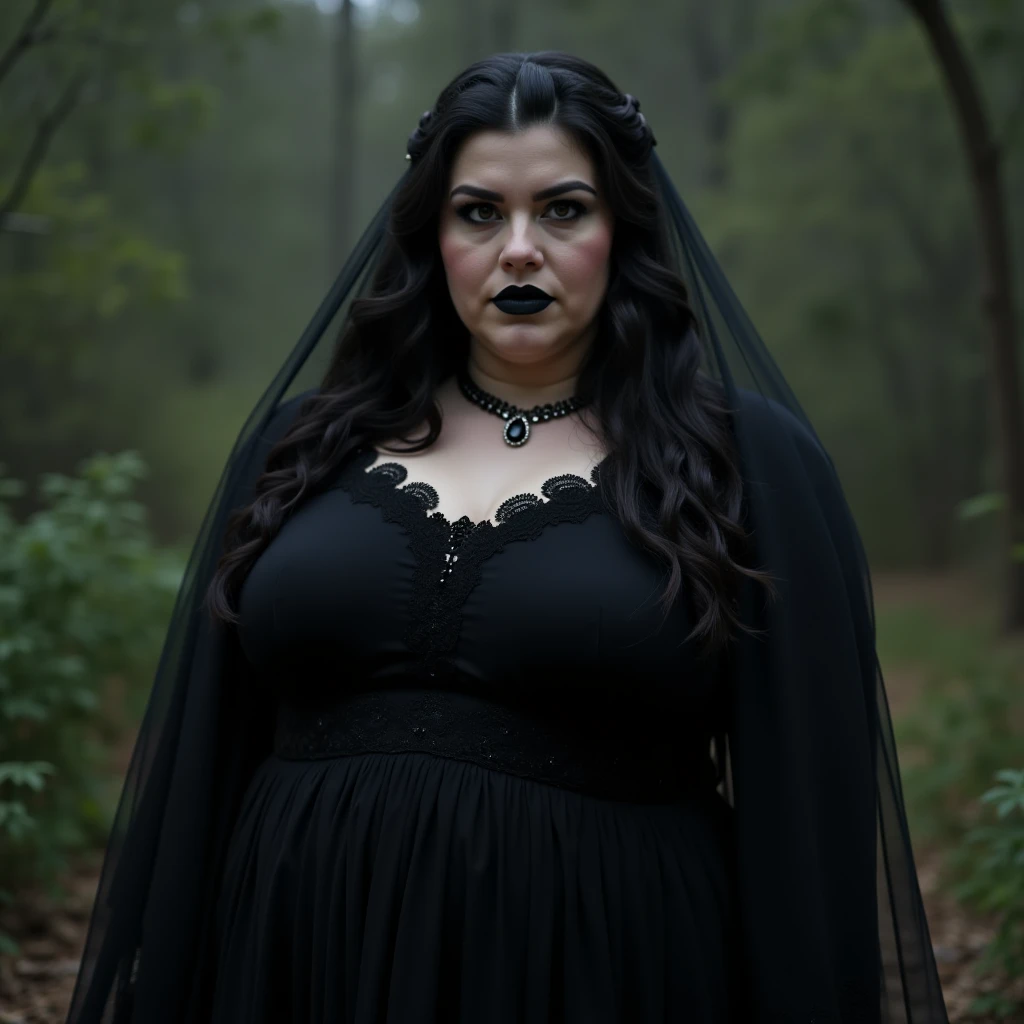 full length photo of gothic fat astor1a_n0texist standing in a graveyard at night,  heavy gothic makeup, wearing a heavy satin gown, [headshot], [centre frame], looking at the camera, dynamic lighting, photorealistic, high detail, detailed, masterpiece, 8k, highres, flawless, colour, professional