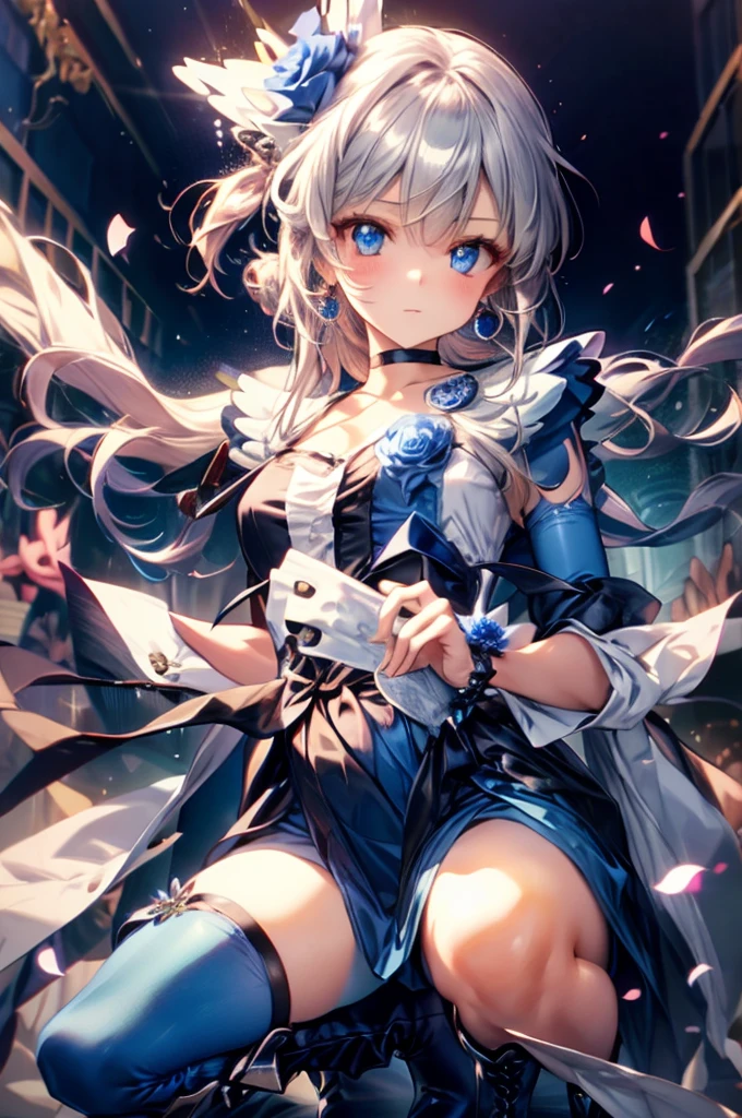 (masterpiece), (Highest quality), (Super detailed),(Disheveled Hair),(figure), (One girl), Are standing, smile, Beautiful attention to detail, Bright Blue Eyes, Beautiful face in every detail, (kamisato ayaka: 1.2), Focus on the face,  ponytail, kamisato ayaka(Genshin Impact), Light blue hair, Detailed Hair, bangs, Best lighting, Best Shadow, Very detailed, Vibrant