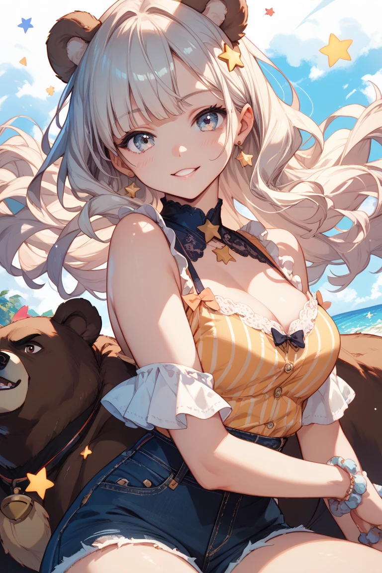((Highest quality)), ((masterpiece)), (detailed),  A cute girl with bear ears, Beach,Giddy Smile,Straddling a chair,Seductive pose,Showcasing cleavage