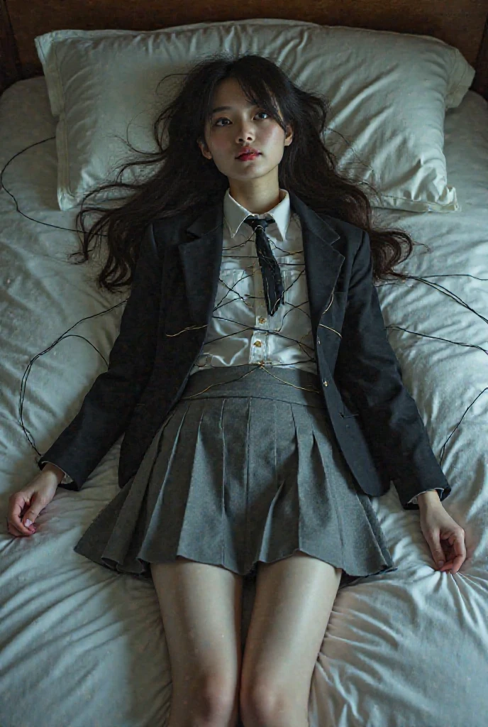 ((High school girl lying in bed))、(White blazer)、(White blouse、Red bow tie、Dark blue checked skirt). 40k, photograph, Tabletop, highest quality, Dark Gray Background, ((Beautiful Eyes、One girl with light brown short hair, . White skin, Various poses.((Mid-chest,:1.1)), highest quality, Tabletop, Ultra-high resolution, (Realistic:1.4), RAWphotograph, (Perfect figure), (slim:1.3), slim abdomen, Perfect slim figure, Dynamic pose, alone, Cold light 12000K, very detailed facial and skin texture, Fine grain, Realistic eyes, Beautifully Fine grain, (Realistic skin), charm, Ultra-high resolution, Super realistic, very detailed,(The wind blows up my skirt),(Lift up the skirt),(White lace panties are visible)(smile)、((Eyes closed)),((Taking a nap))、((My legs are slightly open)),