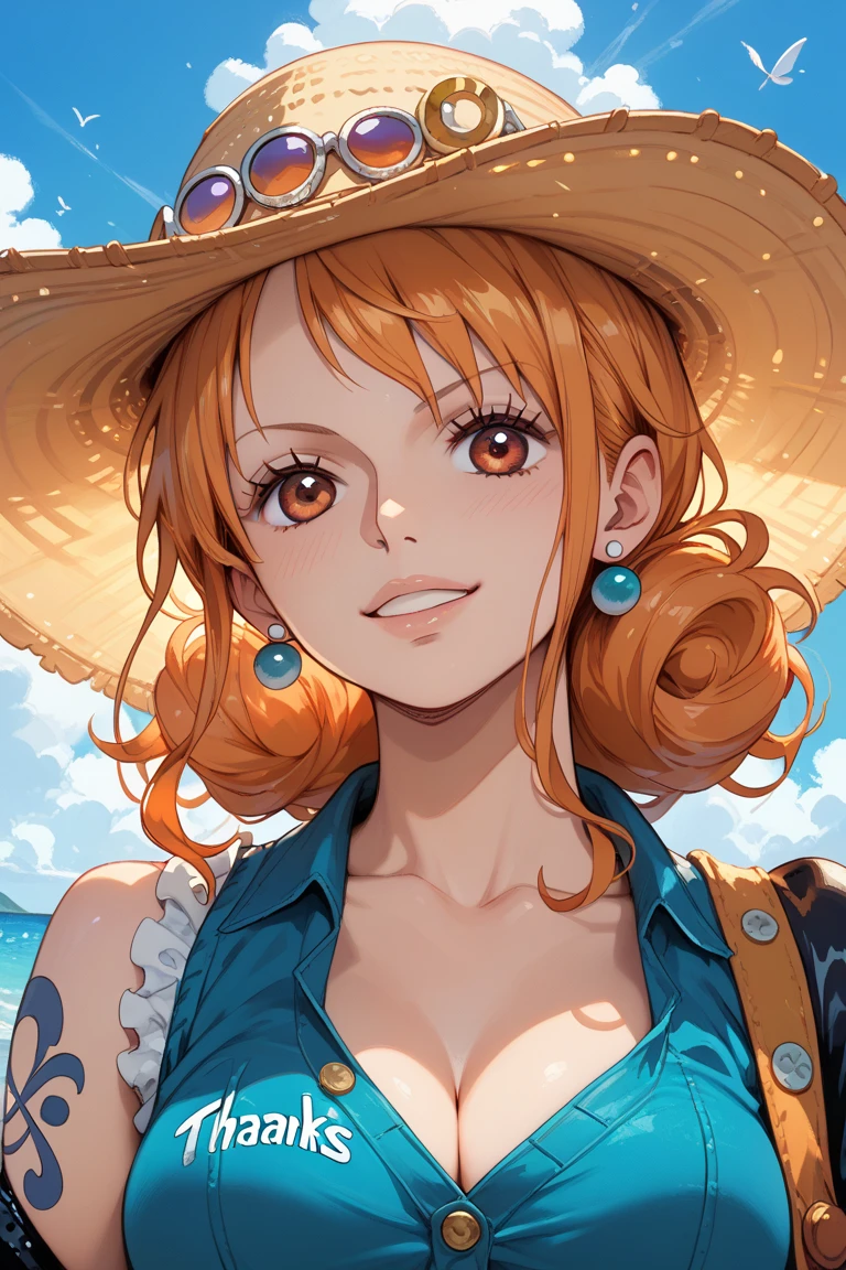 a cartoon picture of a woman in a bikini top and jeans, nami one piece, nami from one piece, nami, beautiful portrait of nami, from one piece, oppai, blue eyes, smoking, ponytail