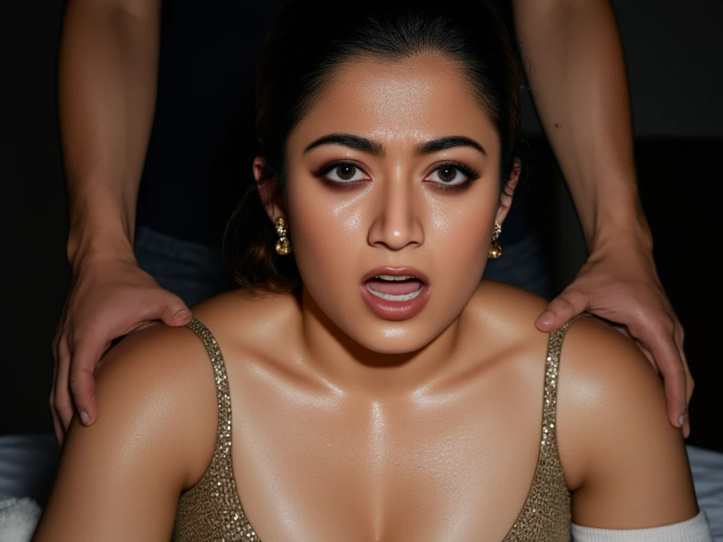 there is a woman in a black bra top holding a plate of food, sweaty 4 k, sweating intensely, muscular and exhausted woman, still from a music video, sweating, muscular sweat lara croft, sweaty face, very sweaty, with arms up, fierce expression 4k, her face flushing and sweat, sweaty abs, sweating hard, qiyana