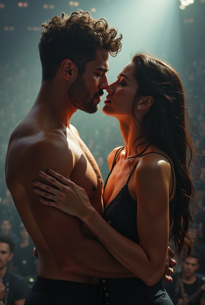 A young hairy bearded strong muscular Puerto Rican man in red bulge underwear having his underwear pulled down by a beautiful woman in red panties sitting on the floor who pulls his underwear down, in performance on a stage of a television program presented by a famous presenter.