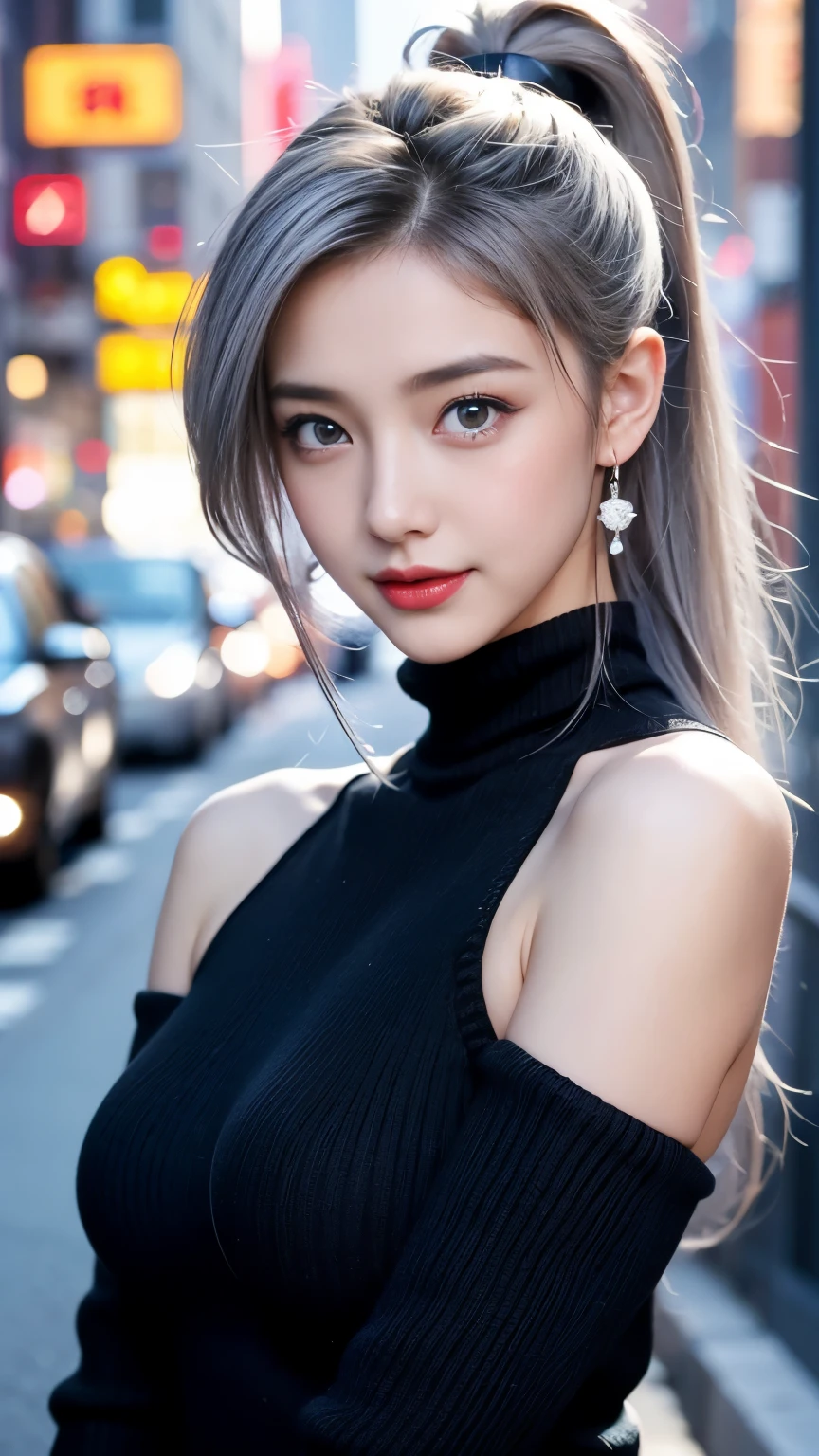 Urban beautiful girl college student, masterpiece, light makeup, Red lips, Silver Hair, Disheveled over a wide range, Street Background, beautiful, elegant. Extremely fine detail, masterpiece, Authentic texture, Realism in film lighting, Perfect job, 16K, High resolution, exquisite features,blue eyes、Japanese Idols、beautiful顔、nice smile、Next to the chestnuts、beautiful hair、Horse tail、Charm、 Large Breasts、Erected nipples fat muscles、Glowing Skin、Sunburned skin、Glossy black skin、Sexy knitted sweaters, Big, bright eyes, Soft Skin, Earrings, collar, tattoo