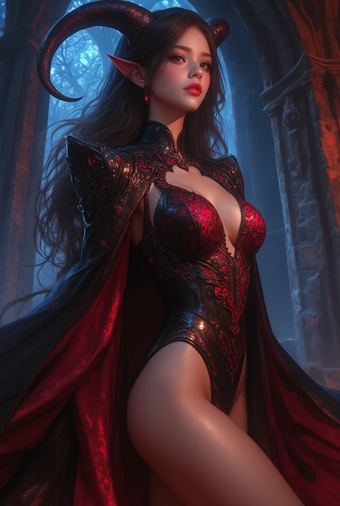 Beautiful female vampire、1 girl、((Delicate face、Detailed eyes and face、double eyelid、Glossy lips))、Dark brown updo、(Vampire Fangs:1.2)、Vampire Clothing、Cape、Highly detailed costume、Sharp Eyes、(Dripping Blood、I want blood:1.1)、Mature adult woman、Slim Waist、Sharp long legs、((8K,highest quality, masterpiece、Ultra-high resolution))、Portrait, High-definition skin texture、night、Starry Sky、Aurora、Realistic、Official Art、Ultra-realistic、Dramatic lighting