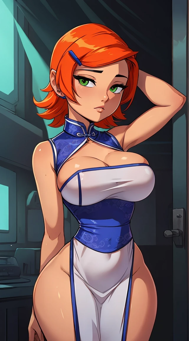 (solo:1.1),(masterpiece), (best quality:1.3), ultra detailed, intricate, professional art, digital art, absurdres, rachelroth, shadraven, 1girl, solo, bob hair, green eyes, hips wider than shoulders, pear shaped body , Shadraven with big breasts wearing long-sleeve-leotard with jewels outside at night ,universal lighting, futa overflow, breasts out, exposed breasts, flashing breats.