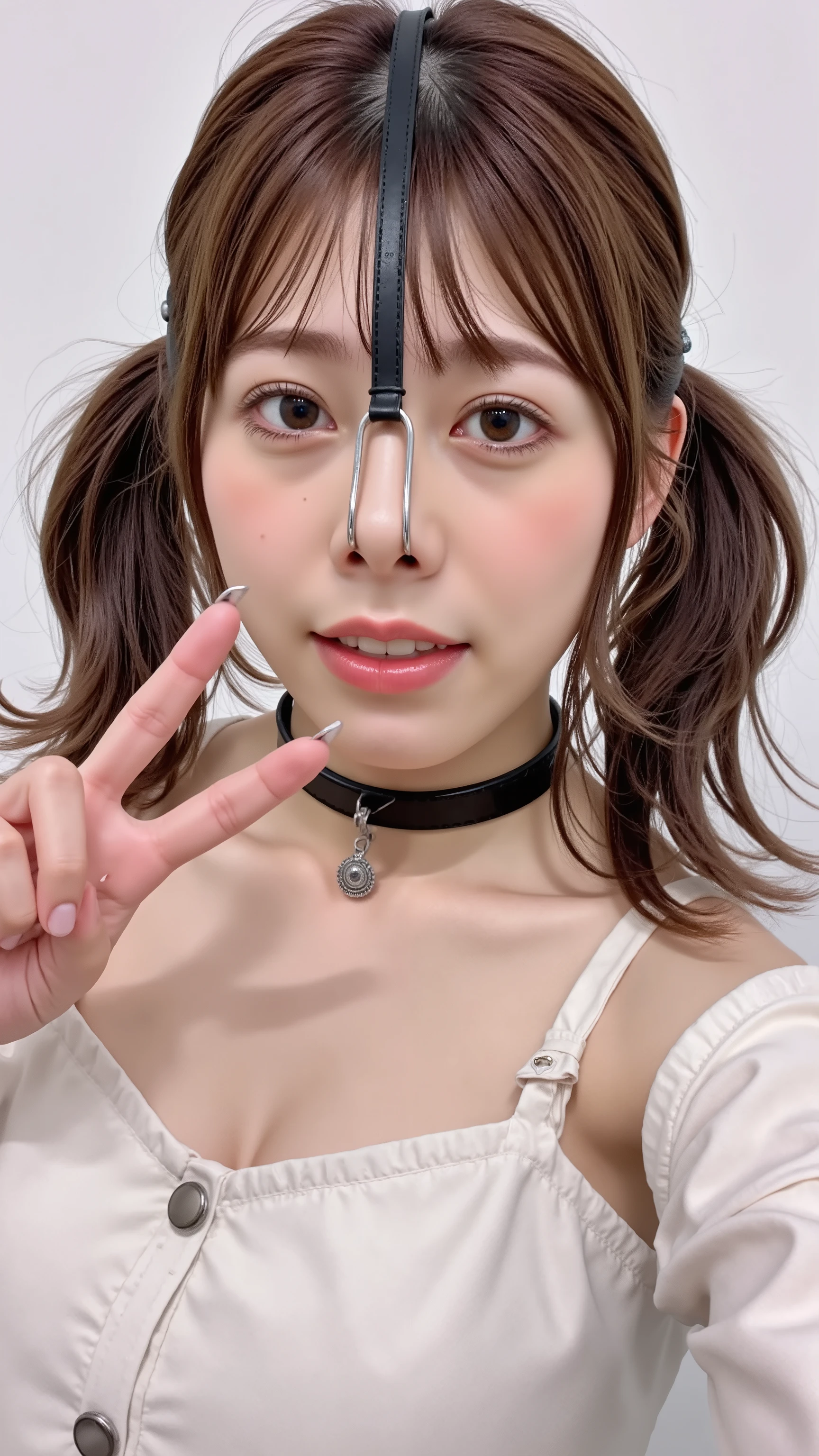 A high resolution photograph of a young Japanese woman, masterpiece, photo-realistic, sharp focus, fashion shoot, solo, 1girl, thin-strap off-shoulder dress, twintails brown hair with bangs, (nose-hook with strap wrapped around the top of her head, nostrils hooking, choker, jewelry:1.8), tilted head, joyful expression, smile, teeth, (v sign with one hand), selfie, looking at the camera, face focus, close-up of face, front view, indoors, perfect hand, detailed hands, detailed fingers,