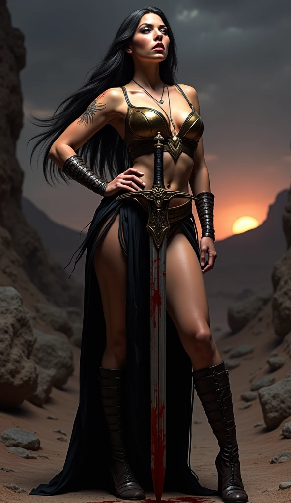 So is a beautiful warrior woman, de longos cabelos ruivos ondulados, olhos verdes selvagens, Her sensuality expresses all her femininity and strength, usando ombreiras de prata, Silver chain covering the entire bust to the middle of the waist, black gloves covering up to the forearm, also wearing an aged and aged leather pants and boots of the same knee-length fabric, standing on her feet, She's holding tightly to a sharp, long-bladed sword, arrogant stare on a battlefield where your enemies are already fallen(cinematographic scene, The light of the sunset as the main scenery)