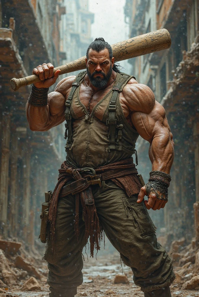 Visualize a cyberpunk scene set in the year 2500 on a desolate Earth, with a backdrop of dilapidated buildings. The central figure is Kintaro, a muscular, large Japanese man with a lively expression. He's armed with a massive energy axe, a tool used for chopping trees, and is dressed in a combat suit. A fur hat sits on his head, and a bear-shaped pendant, which serves as a power booster, hangs around his neck. Accompanying him is his pet, a gigantic bear. The color palette is dominated by gold and brown. The image should be hyper-realistic, highly detailed, and high-resolution 16k. The lighting should be neon and futuristic, casting an eerie glow on Kintaro, his pet bear, and the desolate landscape. Use a wide-angle lens to capture the vastness of the environment and a shallow depth of field to focus on Kintaro. --ar 16:9 --v 5.1 --style raw --q 2 --s 750