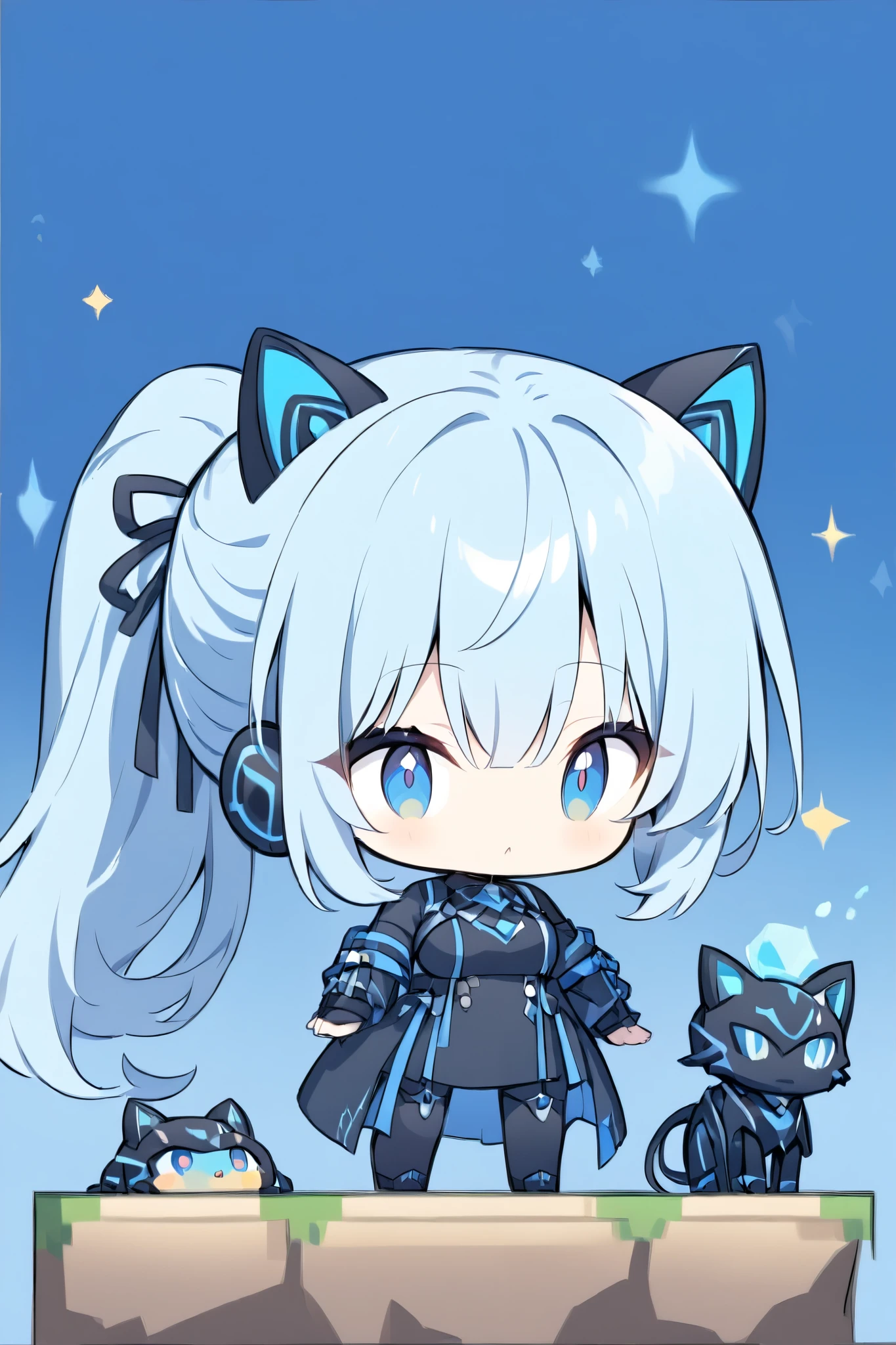 Super Mario background、 chibi、 chibiキャラ、 chibiキャラクター、
Character details(cute face、blue hair、Sky blue hair、Hair back、very long ponytail、The side of the bangs is long below the chin、The sides of the bangs are 35cm、Horizontal hair extends to chest、The hair is blue and emits a bright light、blue eyes like a starry sky、black bodysuit with blue line features、Mechanical cat ear headphones featuring a blue line、has a tube-shaped black and blue line tail with a blue line that emits blue light brightly)big breasts、1 girl, solo, standing up picture, between the hem of the clothes