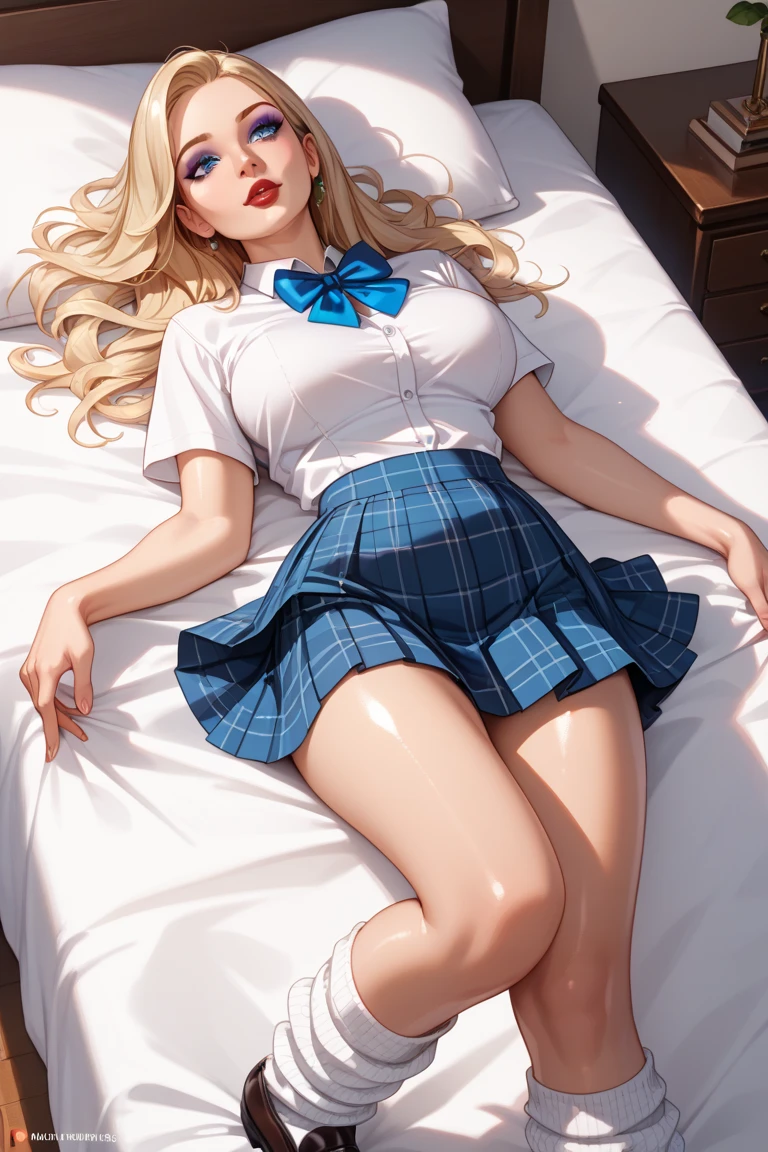 Finest, masterpiece, high definition, (full body), frontal, symmetrical, mature high school girl, solo, (full body from head to toe), small breasts, long hair, slightly messy hair, (black tights), ( (black pantyhose), black pantyhose, (composition where she is made to sit and lift her legs and make her legs open), composition showing white panties, slender beautiful legs, a very beautiful -yeld gi(not wearing shoes) legs), blushing, shy big eyes, messy hair, looking at camera, showing white panties, white frilly lingerie, high school uniform blazer, high school uniform White blouse, high school uniform with blue ribbon, high school uniform with short plaid pattern and navy pleated skirt