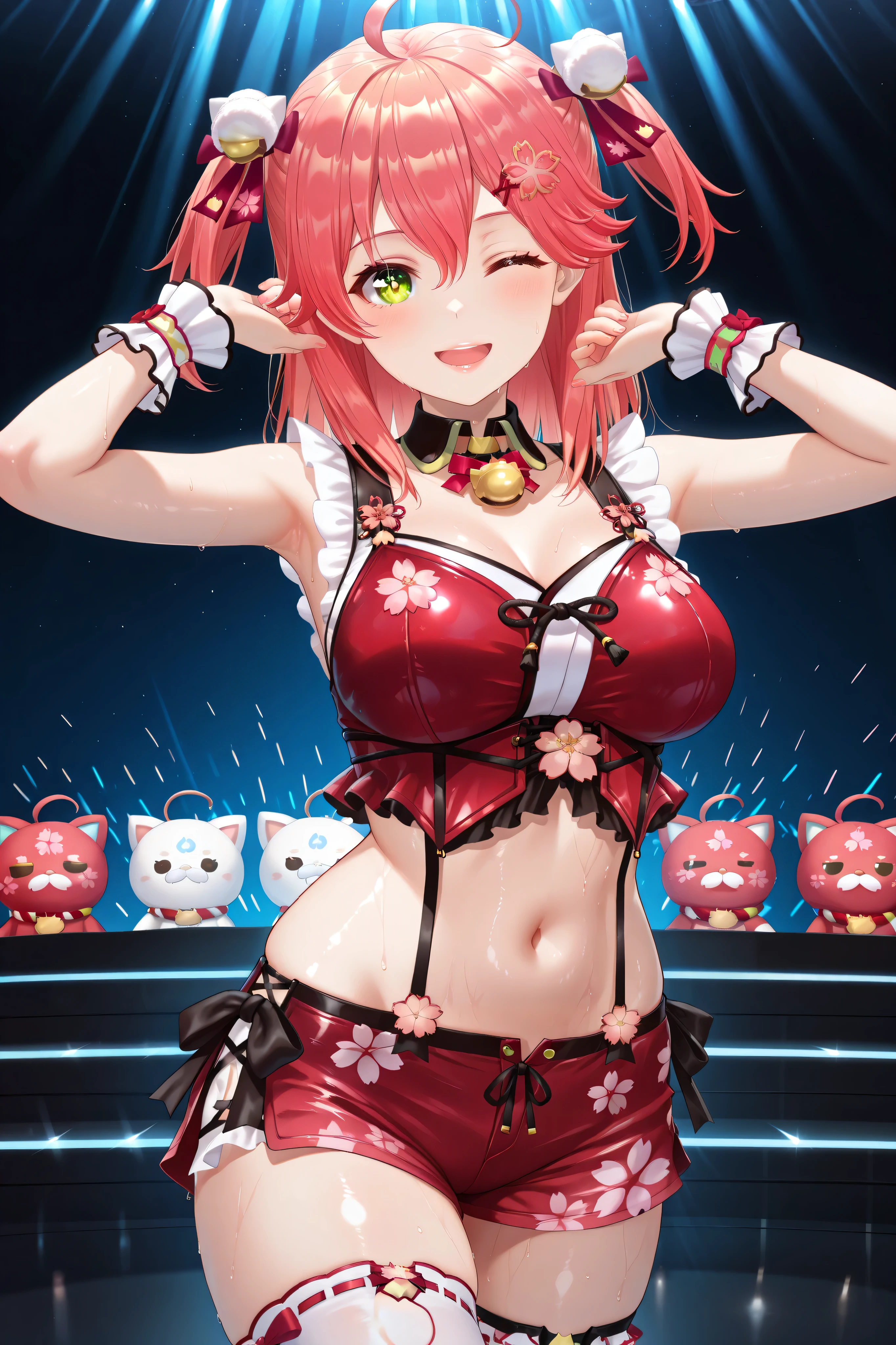 (Sakura miko, MikoIdol, medium hair, two side up, pom pom hair ornament, black choker, neck bell, red tubetop, red shorts, midriff, white thighhighs, wrist cuffs, sleeveless),(1girl, solo, big breasts, hollowed stomach, sweat,Live stage,dance posing,smile,open mouth,looking me,wink, one eye closed ,eye-smile, cheerful expression),
(model-thin proportion:1.2, ethereally slender, paper-thin waist, bony, underweight),
(detailed eyes, shiny eyes, doe eyes, sparkling eyes,long eyelashes, fluttering lashes),
(detailed face, doll-like face, youthful beauty, sweet expression),
(detailed lips, plump lips, glossy lips),
(detailed skin, flawless skin, soft glow skin),
(masterpiece, hyper-realistic, ultra-detailed, high-resolution, sharp focus, dynamic lighting, depth of field, rich textures),
(vibrant tones, deep shadows, luminous highlights, neon glow),
(soft glow, natural light, cinematic lighting, high contrast, illuminated)