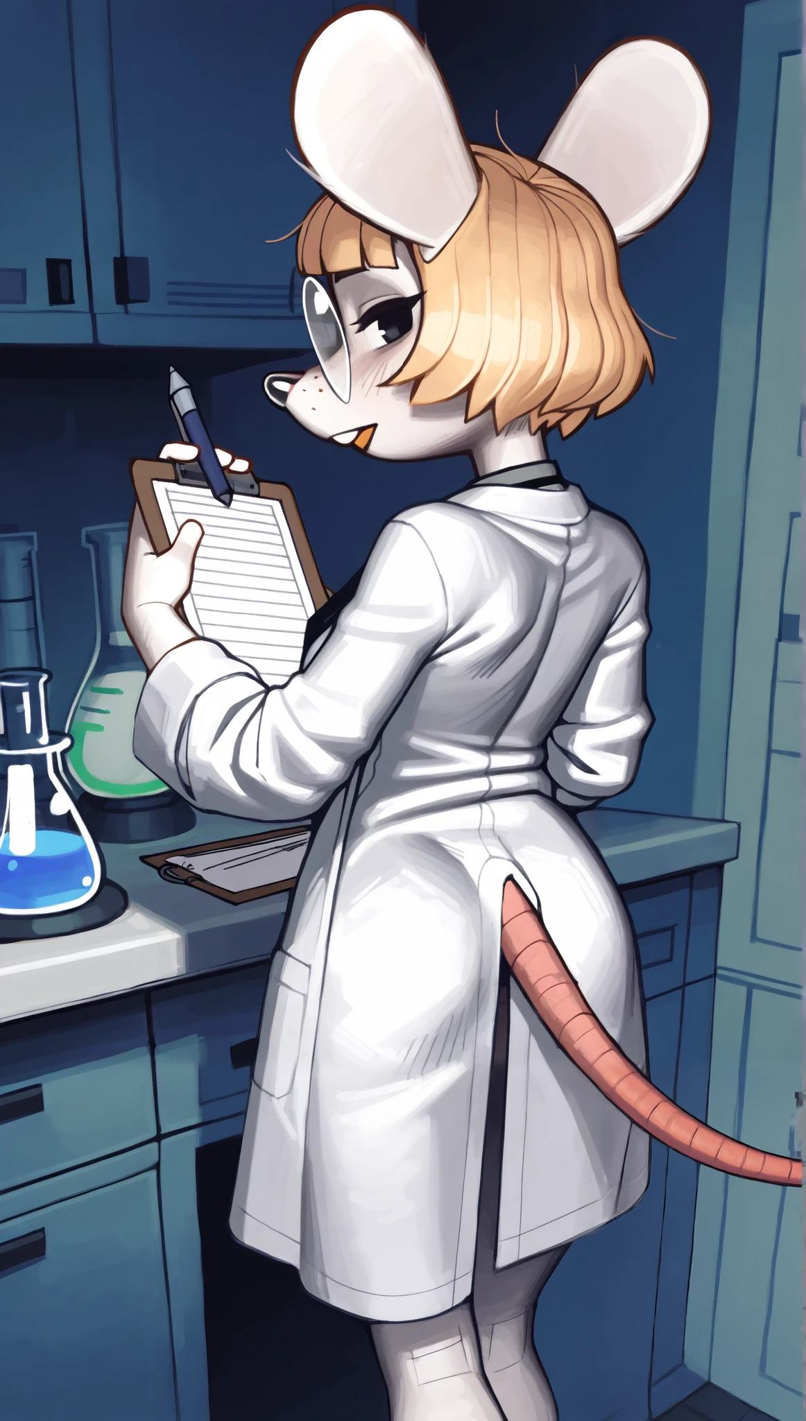 ((perti)), ((Animal Crossing)), ((pixelsketcher)), ((wamudraws)), ((masterpiece)), ((high resolution)), ((solo portrait)), ((back view)), {(attractive figure), (skinny body), (small breasts), (beautiful legs), (white fur), (large black nose), (large mouse ears), (long mouse tail), (short blonde hair), (cute black eyes), (cute buck teeth)}, {(lab coat), (grey button-up shirt), (black necktie), (round glasses), (foggy glasses)}, {(standing), (holding clipboard and pen), (looking at viewer)}, ((laboratory))