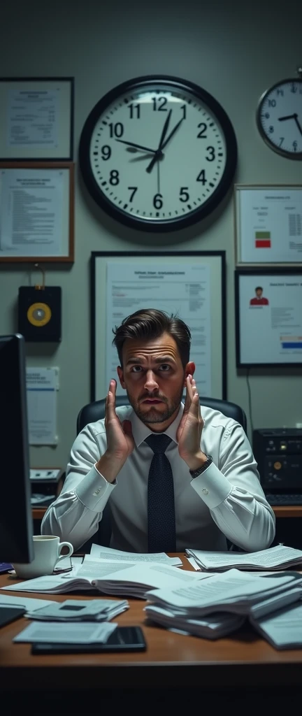 Description: We begin with a closed plan of a corporate office.  The lighting is dim , almost greyish, and the camera focuses on a/manager of human resources with an expression of frustration. The desk is overflowing with papers, lots of resumes, a half-finished cup of coffee, and a computer with many open tabs.

While the character reviews resumes endlessly, the clock on the wall moves quickly, marking the hours and days that go by. We hear murmurs of offline interviews, showing the chaos and slowness of the process.

sensation: stress,  Saturation , waste of time.