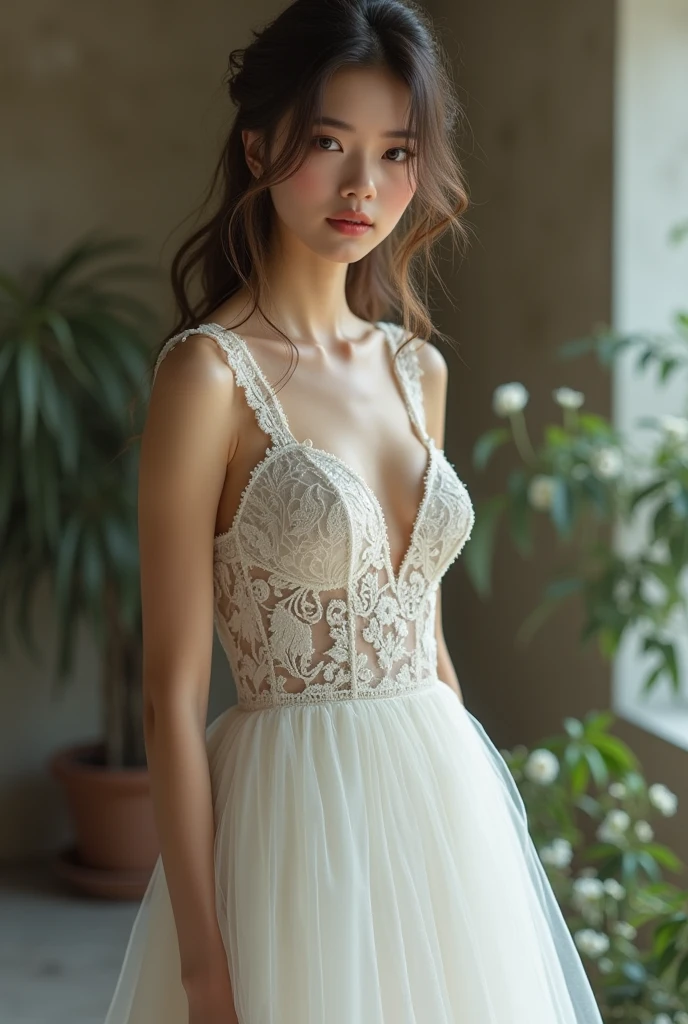 A gorgeous portrait of the most beautiful young woman in the world, green eyes, European, wearing a white embroidered dress, slightly open mouth, looking at you, gentle face, smiling, sharp focus, hyper-realistic skin, detailed, high resolution, taken with the Canon EOS R7, wide angle, perfect natural light, head and torso, fragile skin, flawless