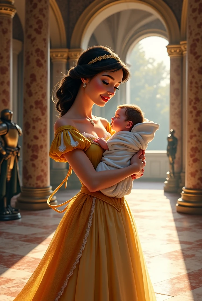 create an image of the beautiful fairytale princess Belle and the Beast baby with black hair , dark shaped eyes, pink lips, She's wearing a yellow dress