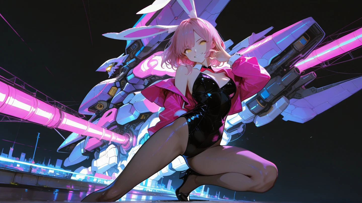 (masterpiece), (best quality), (high res) Solo, (perfect ???????), (young girl (10 years old), fair skin, pink hair (shoulder length), green eyes, (bunny ears) (skin tight swimsuit), (blue high heels boots), (shirt), (super tight mini skirt), smiling, flat chest, in a futuristic setting with a green light, cyberpunk, cyber suit, best anime 4k, cybersuits, inside a car