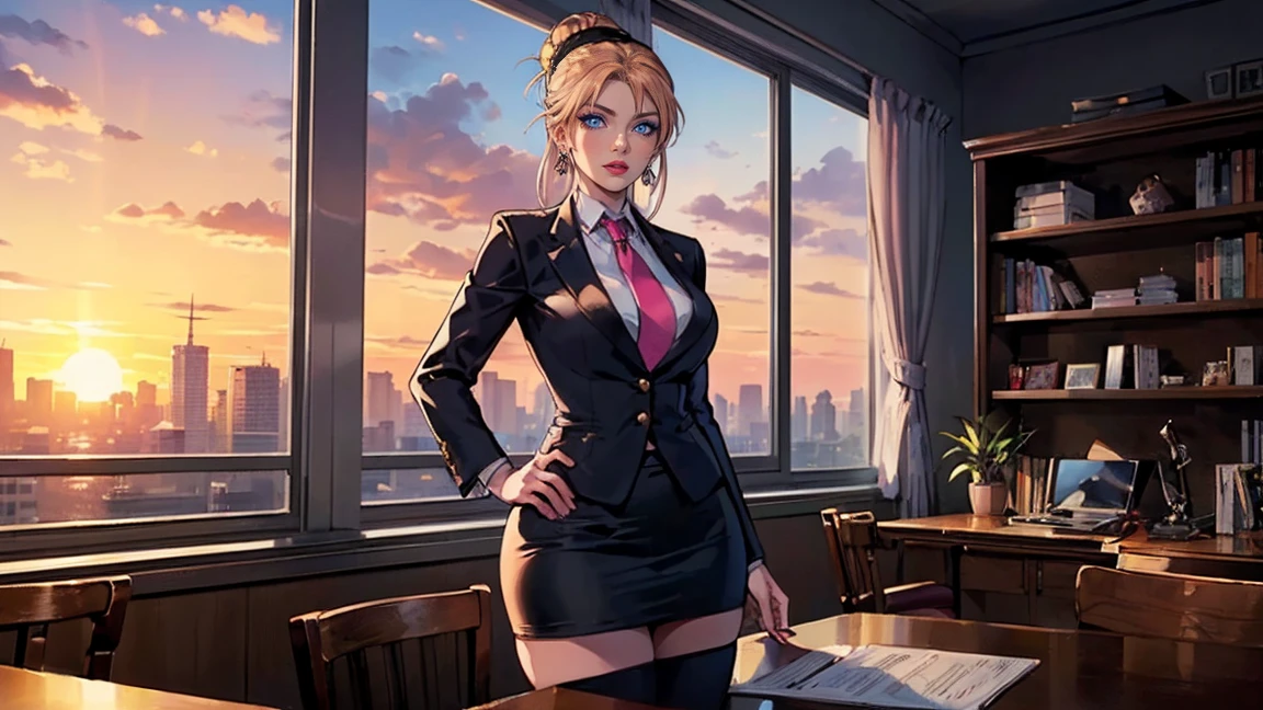 (masterpiece, best quality, 超high resolution),1 Girl, promote, Dark brown skin, blue eyes, Blonde hair, Large Breasts, Thick thighs, Shimecart, Black office jacket, White shirt, Black office skirt and black stockings, Beautiful and detailed face, Delicate eyes, Delicate nose, Cyberpunk city by night，Foggy，Neon lights flashing. She crossed her hands at her waist，Looking at the camera sexy（（Awkward, blush, charming, Close your eyes, ，with tears in eyes,open mouth， Saliva residue,The hem of the skirt is wet, Brushed,）巨Large Breasts:1.5、Low-cut，Cleavage, Wide hips,Thick thighs）The Last Vision, Ultra-high resolution,4K,Super detailed, photography, 8k, HDR, high resolution, absurd:1.2, Kodak Portrait 400, Film Grain, Blurred background, Bokeh:1.2, lens flare, (Energetic_color:1.2),Professional photography