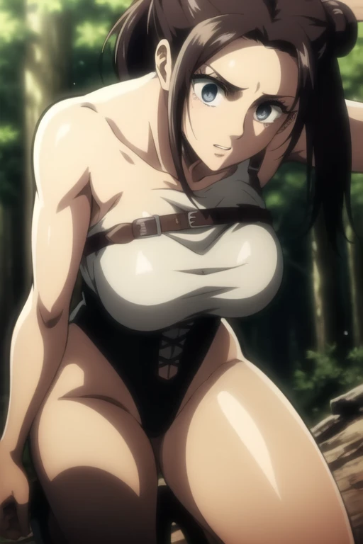 masterpiece, best quality, extremely detail 8k cg, high resolution, 1girl, hitch dreyse, blonde hair, emerald eyes, thin body, huge breasts, vagina, nipples, naked, choker, kneeling, masterbaiting, angry look, blush, outdoors, forest, hot springs, steam, waterfall, beautiful face, nsfw, medium full shot