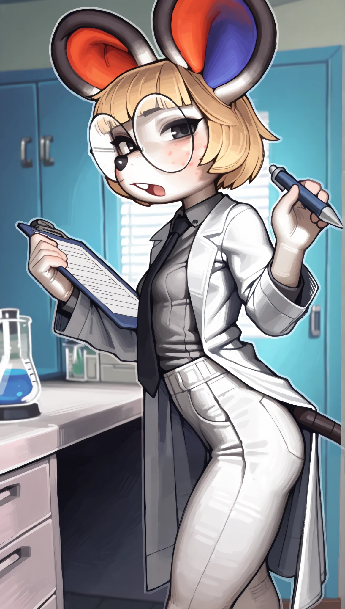 ((perti)), ((Animal Crossing)), ((pixelsketcher)), ((wamudraws)), ((masterpiece)), ((high resolution)), ((solo portrait)), ((side view)), {(attractive figure), (skinny body), (small breasts), (beautiful legs), (white fur), (large black nose), (large mouse ears), (right red inner ear), (left blue inner ear), (long black mouse tail), (short blonde hair), (cute black eyes), (cute buck teeth)}, {(lab coat), (grey button-up shirt), (black necktie), (white pants), (round glasses), (foggy glasses)}, {(standing), (holding clipboard and pen), (looking at viewer)}, ((laboratory))