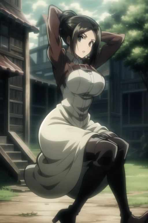 Outdoor、forest、(Ripped clothes)、Sweat、Hanging from a rope(Tied up with rope)、Spread your legs、sit、Showing off your armpits、blush、Angry face、Open your mouth、pubic hair、Toned body、Medium breast、