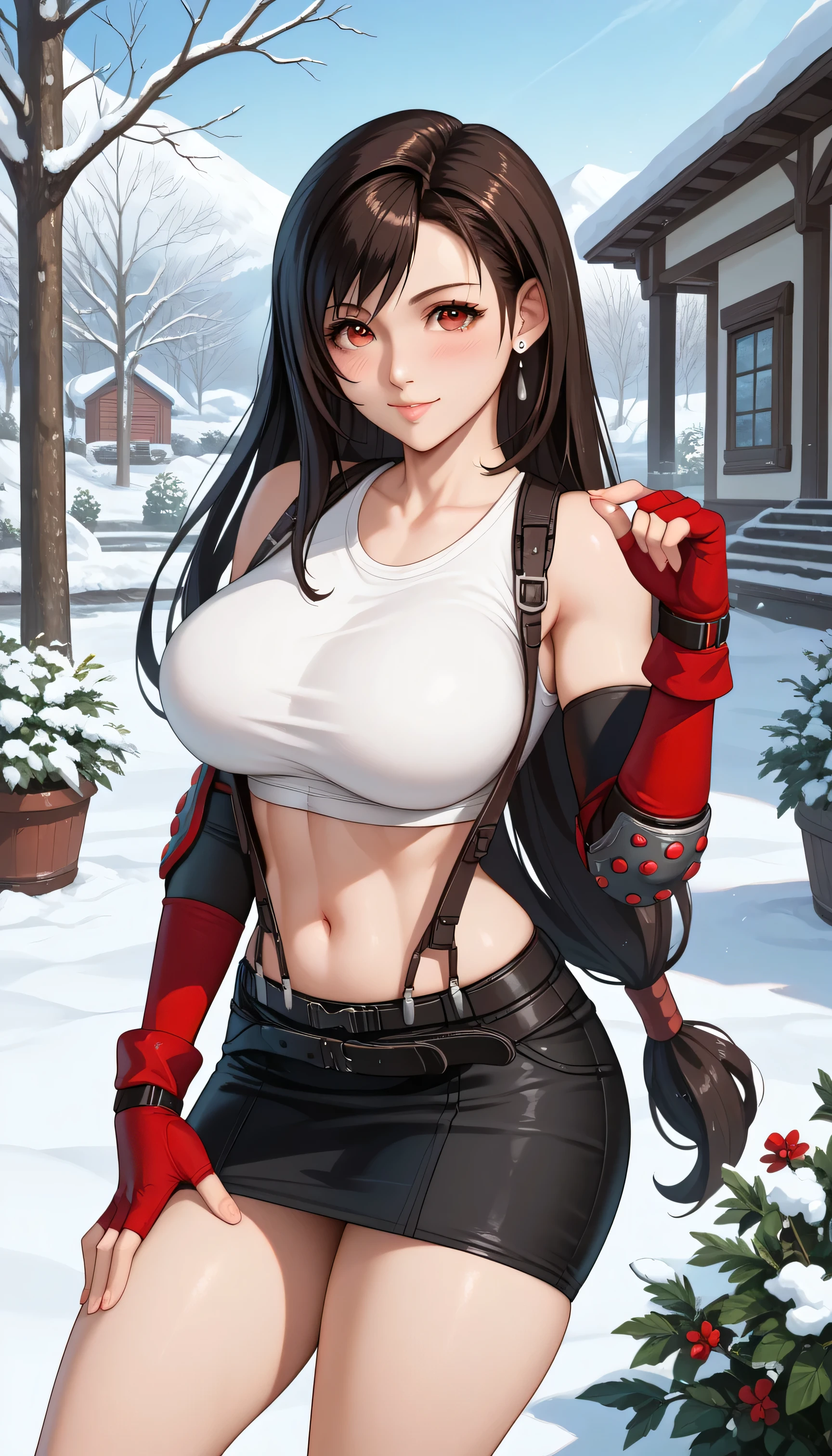 (masterpiece, best quality:1.2), highres, skin_detail, face_detail, lustrous_skin:1.4, skindentation, defTifa, red eyes, low-tied long hair, earrings, white crop top, suspenders, black miniskirt, pencil skirt, arm warmers, black elbow gloves, elbow pads, red gloves, red footwear, large breasts, (innocent_big_eyes:1.0), light_blush, winter, snow, outdoor, garden, cute, {sexy_pose | seductive_pose | erotic_pose} cowboy_shot,