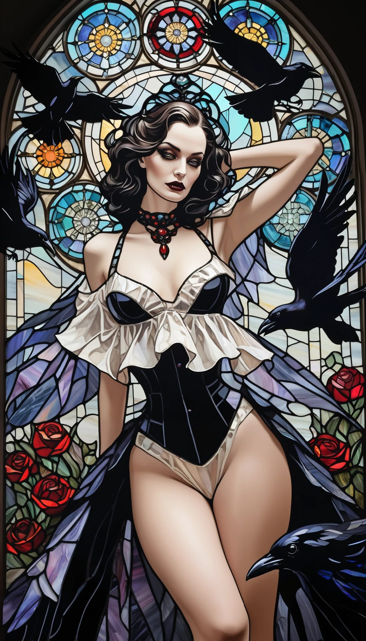 Gothic Raven Stained Glass Canvas | Dark Fantasy Crow Art | Intricate Glass Mosaic Design | Vintage Noir Aesthetic | Hauntingly Elegant Wall Décor | Framed Statement Piece | Victorian-Inspired Mystique | Bold & Dramatic Home Accent | Trendy Gothic Kitsch